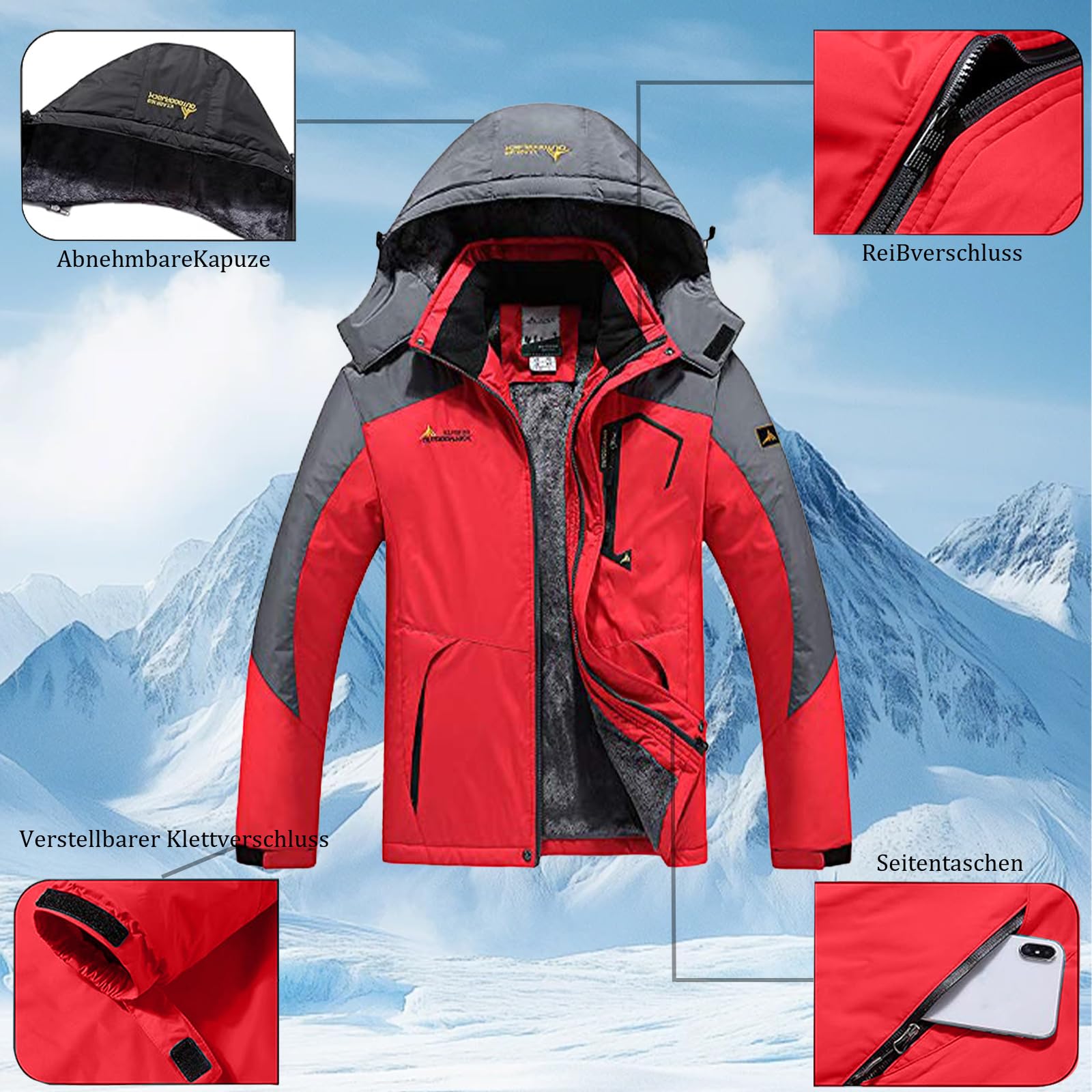 Schneeanzug Herren Damen 2 Teilig Wasserdichte Winter Skijacke und Skihose mit Kapuze Warm Winddicht Skianzug Set Outdoor Thermoanzug Atmungsaktiv Gefüttert Ski Anzug Schnee Skifahren Snowboard