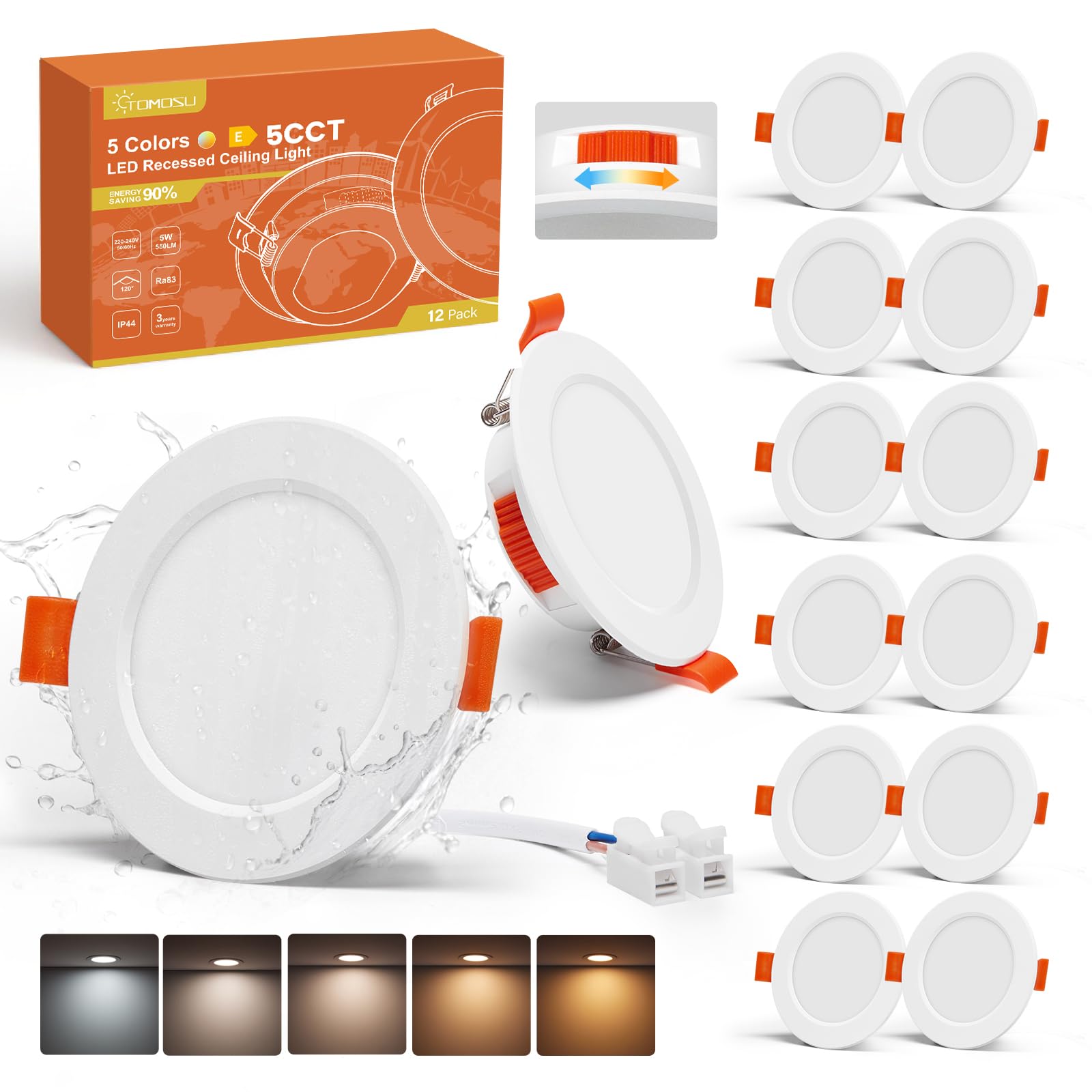 Tomosu Pack of 12 5CCT Recessed LED Spotlights 68 mm, 5 W 550 LM Extra Flat IP44 Recessed Bathroom Spotlights, 220 V Warm White Neutral White Cool White, Hole Diameter 68-80 mm, Non-Dimmable