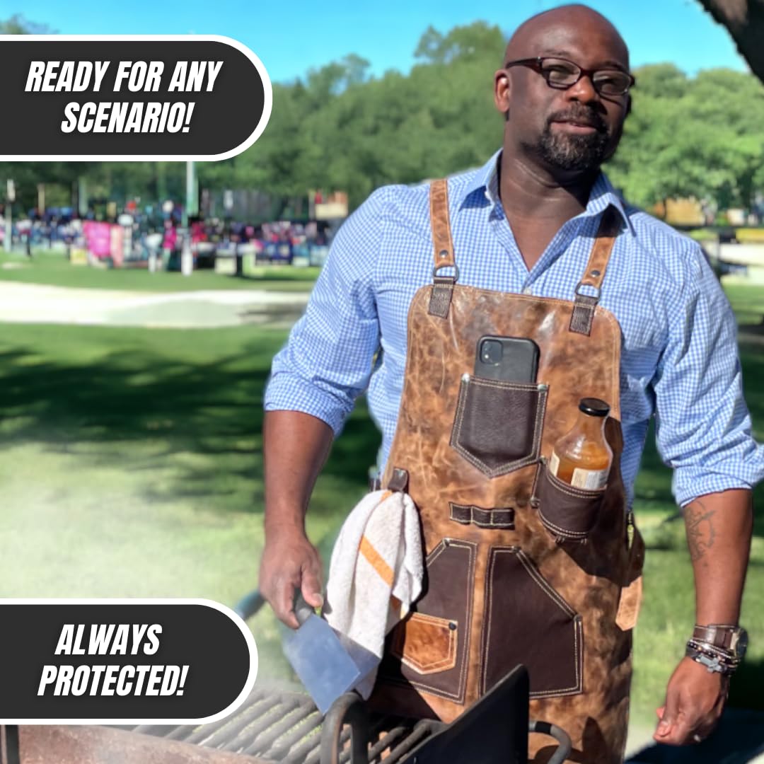 BESHEEK The Rancher Heritage 100% Leather Apron Adjustable Shoulder and Waist Straps Multiple Pockets, Apron for Cooks and Grillmasters BBQ Apron Gift by RIVETS AND BURRS (Toffee|Expresso)