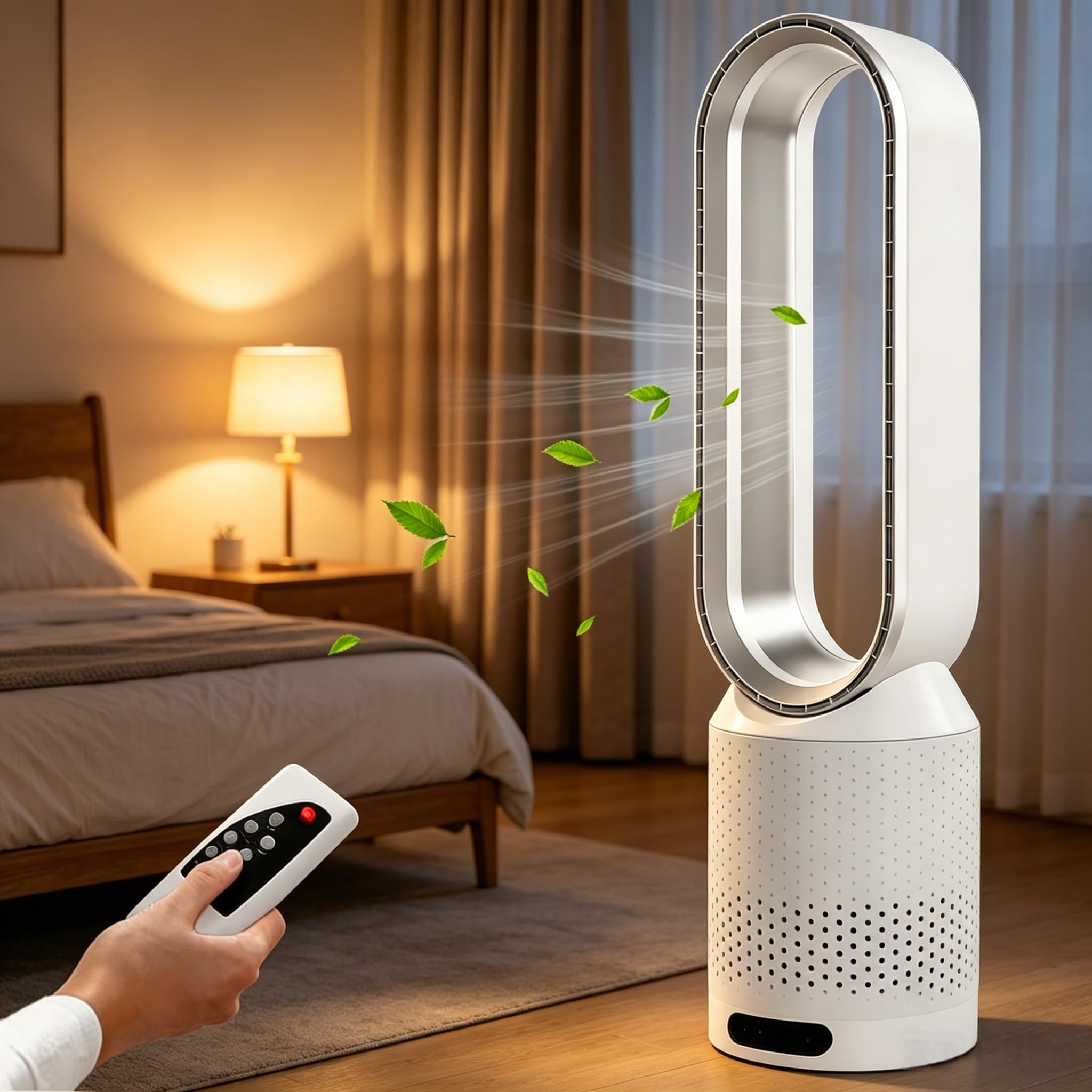 Ventilatore a torre silenzioso, ventilatore senza pale, funzione timer, 8 velocità e oscillazione di 90°, schermo touch LED e telecomando, ioni negativi purificanti, 14,5×58 cm (Bianco)
