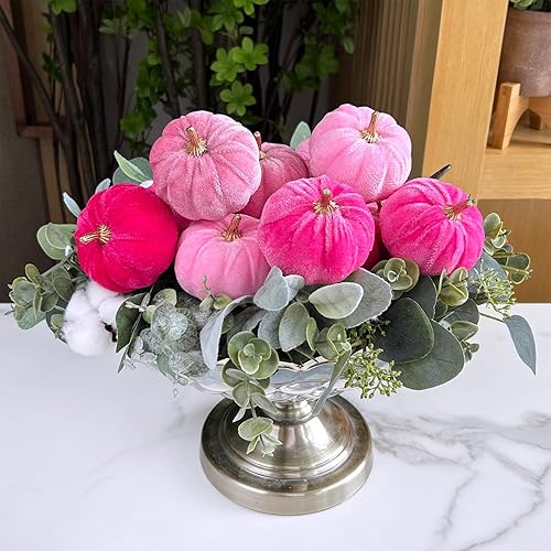 Miniatura 8 de Winlyn 12 calabazas artificiales pequeñas de terciopelo rosa surtidas, calabazas decorativas de tela, calabazas de espuma de 3 pulgadas para otoño,