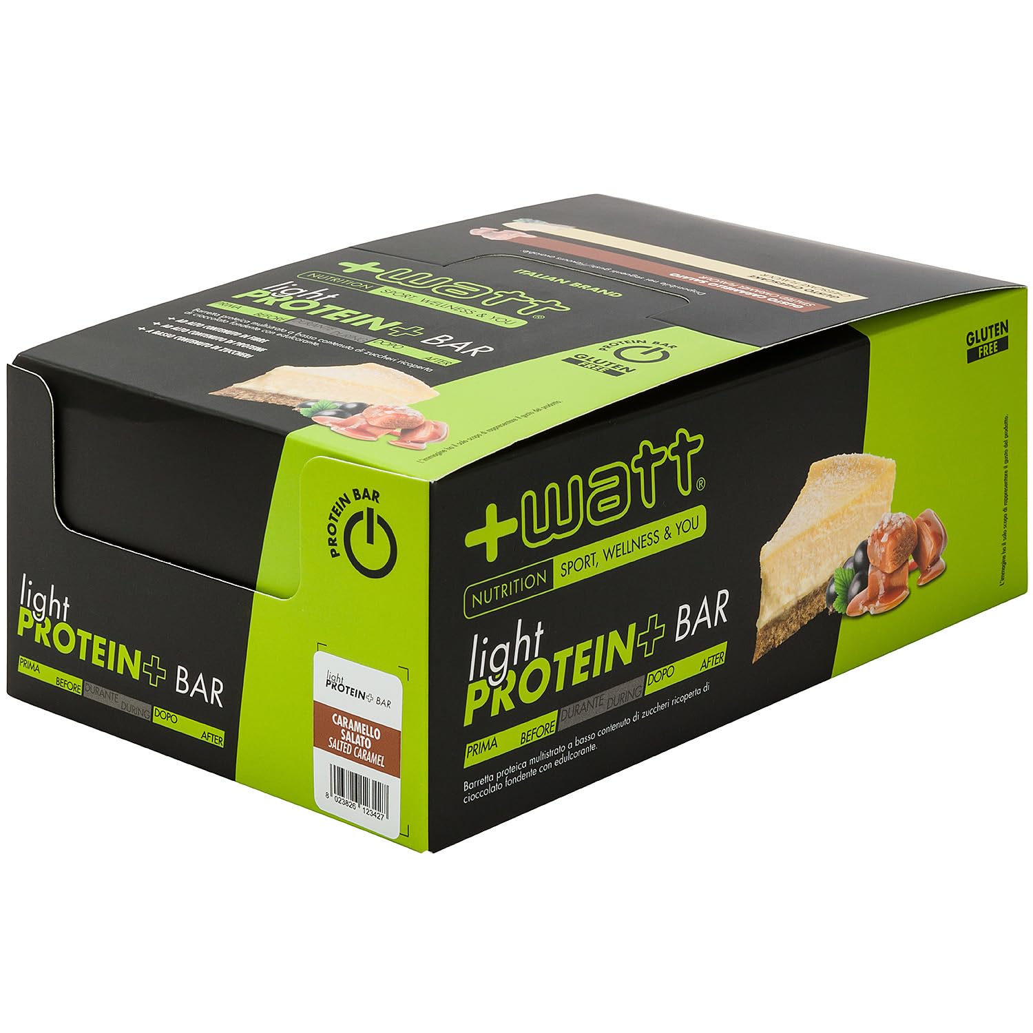 Light Protein+ Bar 45 gx24 pz, Barretta Proteica Multistrato a Basso Contenuto di Zuccheri Ricoperta con Strato di Cioccolato Fondente (Caramello Salato, Box 24 pz)