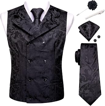 Hi-Tie Mens Double Breasted Suit Vest Tie Set for Wedding Party 6PCS