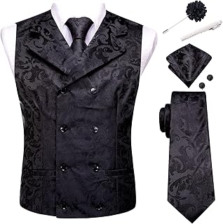 Mens Silk Double-Breasted Suit Vest Tie Pretied Bowtie Laple Pin and Handkerchief Cufflinks Wedding Business Tuxedo