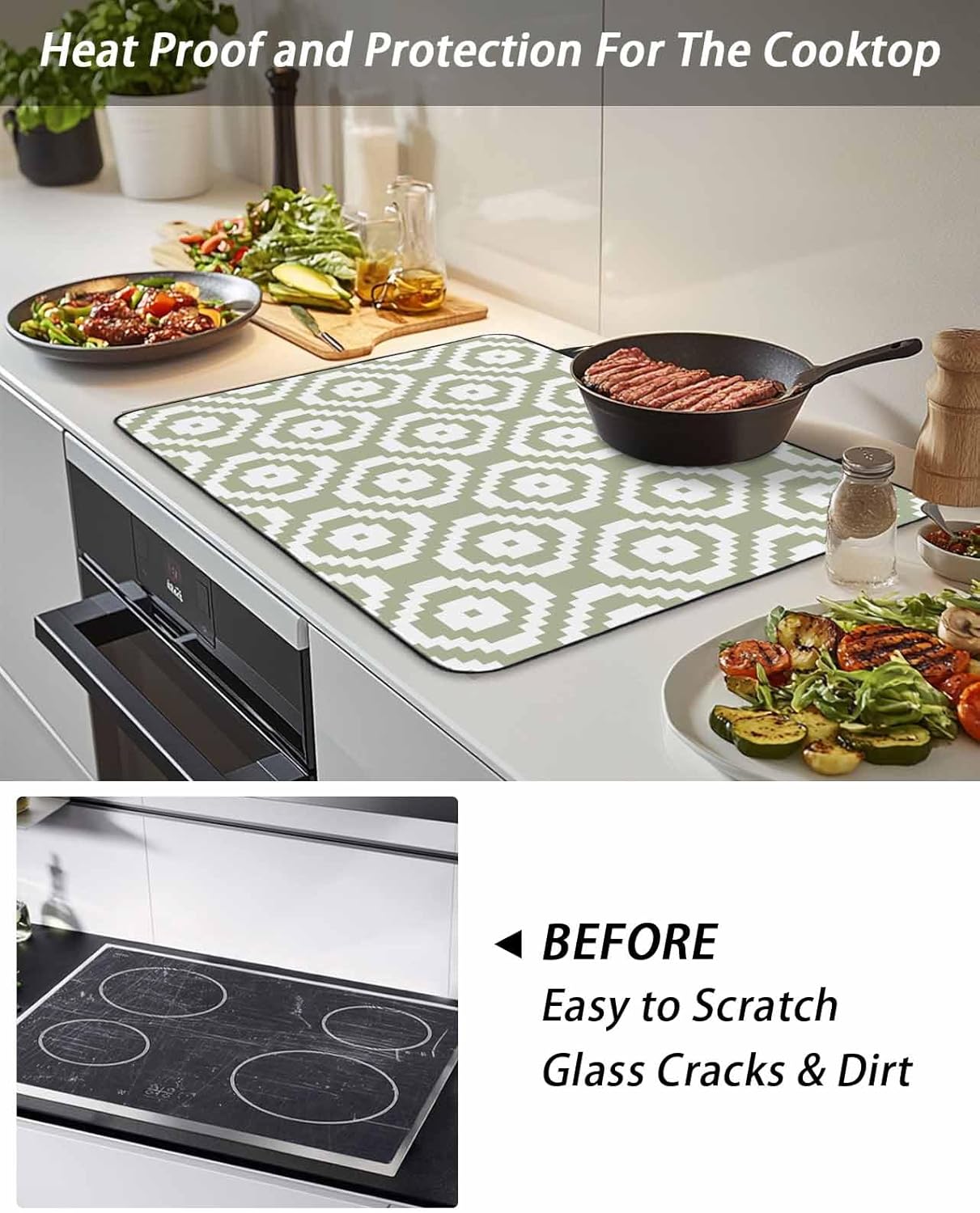 Stove Top Cover Modern Geometric Stove Cover for Electric Stove Top Sage Green Square Art Glass Cooktop Covers Anti-Slip Mat Heat Resistant Countertop Protector Kitchen Decor 31"x24"
