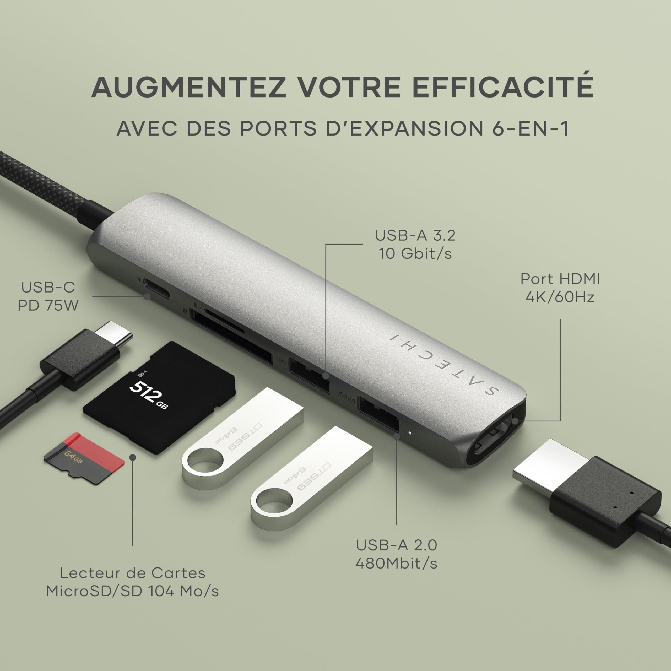 SATECHI Hub USB C 6 en 1 Slim Plus, PD 100W, HDMI 4K, Gris Sidéral | 2x Ports USB-A 10Gbps, vidéo 4K@60Hz, lecteurs SD/microSD, pour MacBook Air/Pro/Neo, Windows et plus