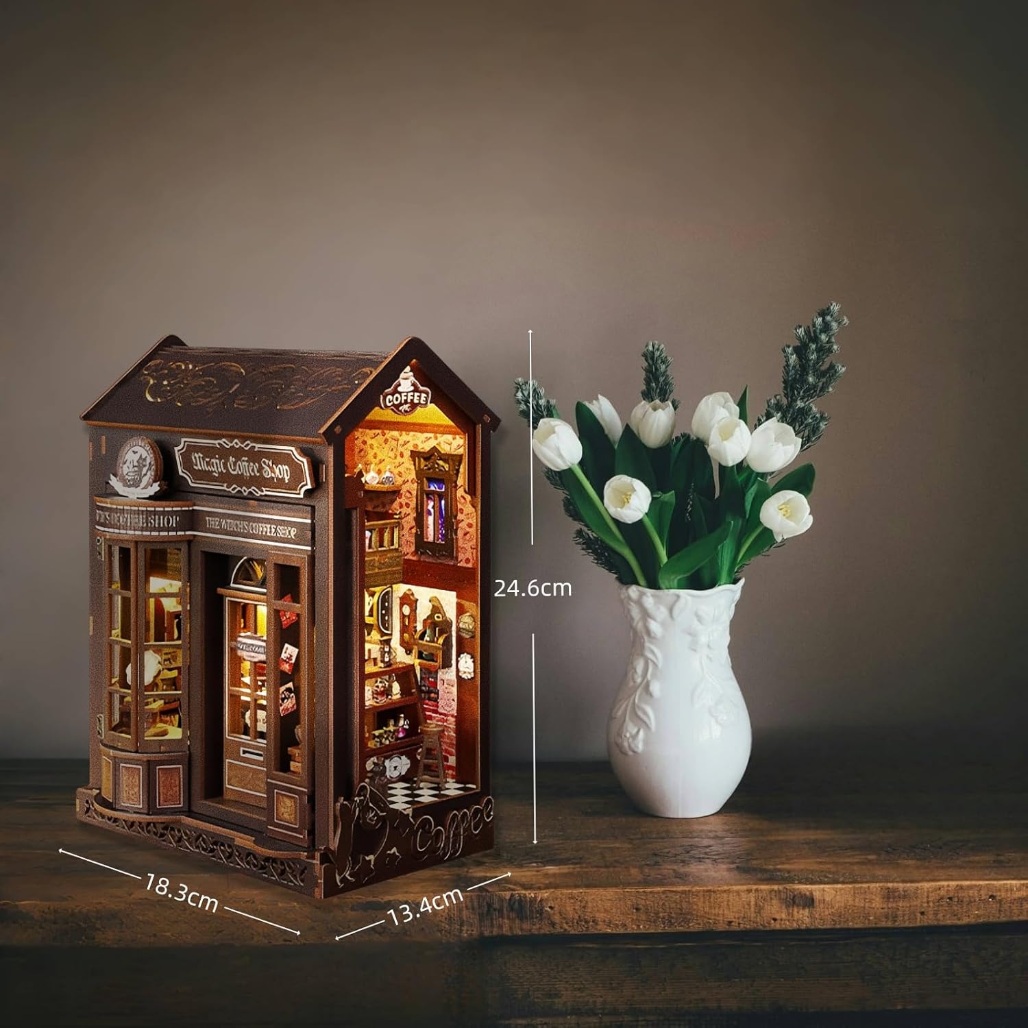 DIY Book Nook Kit - Magic Coffee Shop – Opening Structure & Mystical Details - 3D Puzzle, Assembly Bookend for Adult (Magic Coffee Shop)