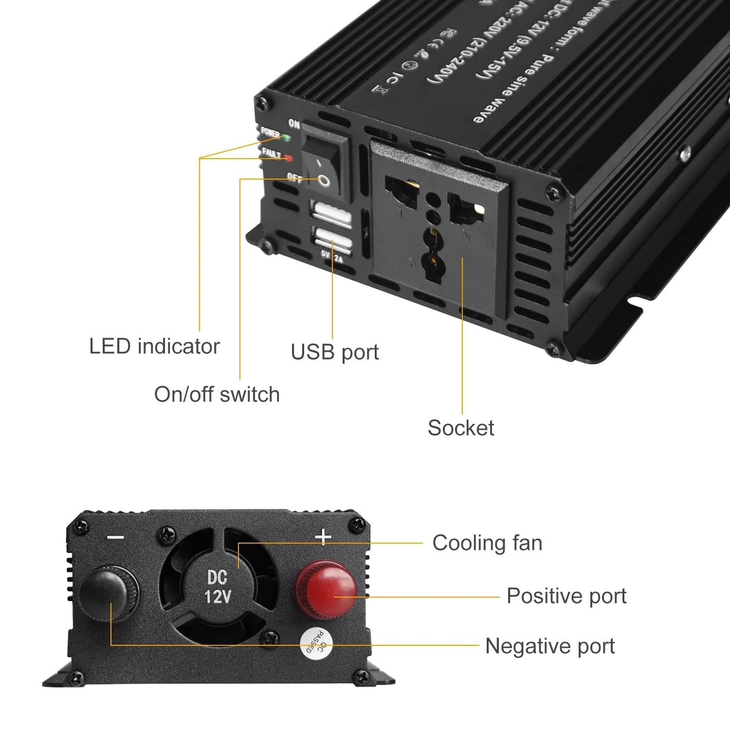 Inversor De Corriente Para Coche Onda Sinusoidal Pura 1000 W 1500 W 2200 W 2600 W De 12 V CC A 220 V CA Con Doble USB 3,1 A Compatible Con La UE/Universal Transformador Inversor Onda Pura(1500W 50Hz E