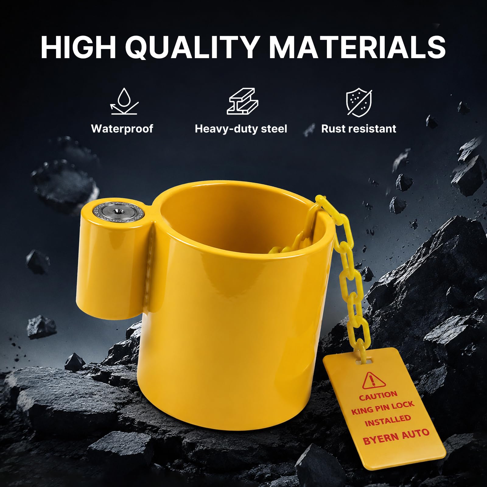 BYERN AUTO - Cerradura antirrobo para quinta rueda, acero sólido y resistente con etiqueta de advertencia y 2 llaves para caravanas, remolques de contenedores y campistas, extremadamente duradero