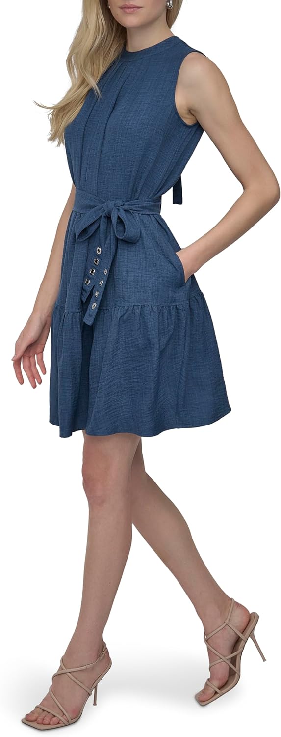 DKNY Womens Sleeveless Jewel Neck Fit and Flare Dress - Image 2