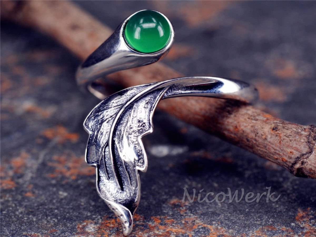 NicoWerk Silberring Feder Vintage Chalcedon Mit stein Grün Ethno Ring Silber 925 Verstellbar Damenringe Damen Schmuck Sterling SRI264