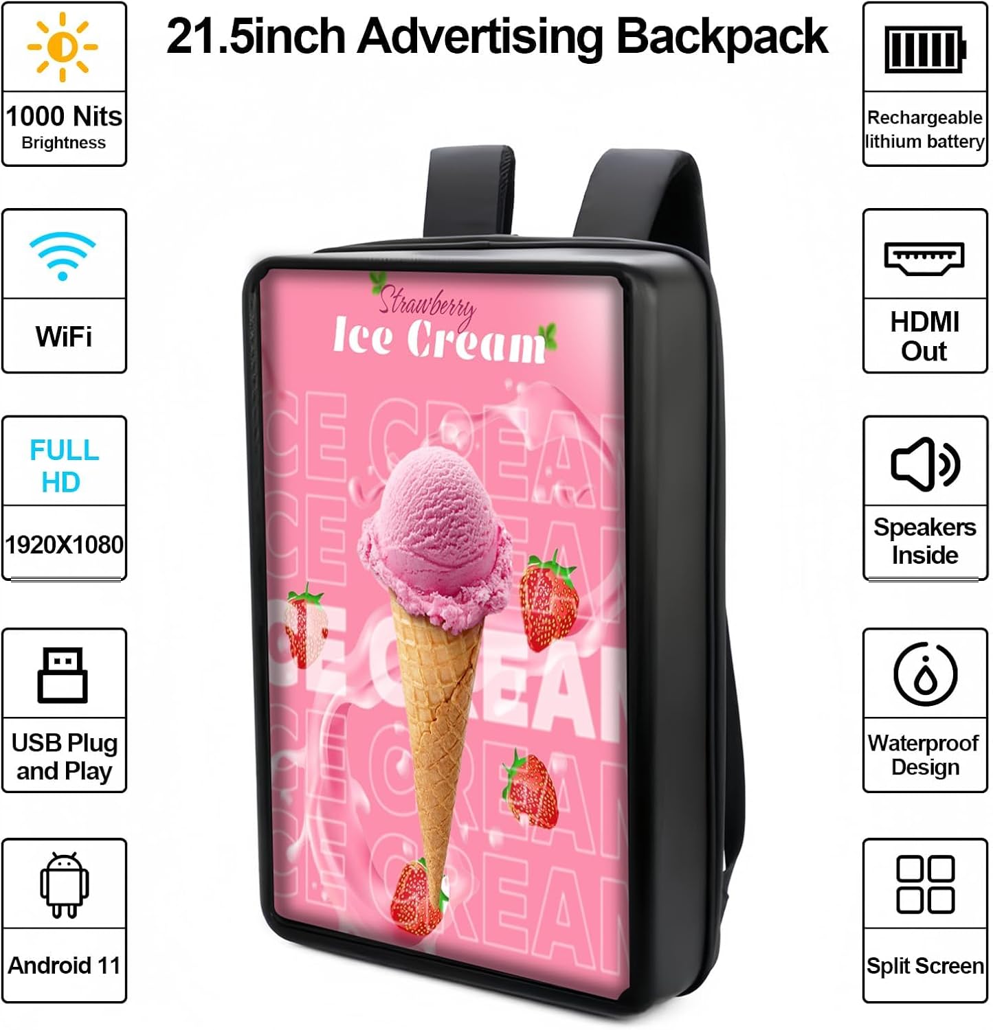 21.5 Inch Touchscreen Advertising Backpack, 1000nits High Brightness LCD Screen Backpack, IP65 Waterproof Digital Signage Backpack with USB/App/CMS Input for Auto Playback, Split Screen, Android 11OS