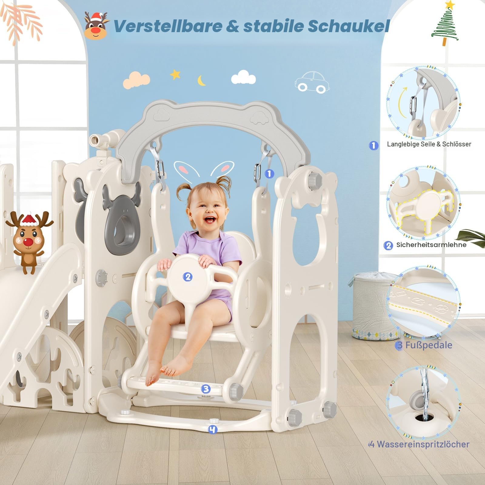 6-in-1 Kinder Rutsche Indoor/Outdoor,Montessori Spielzeugset mit Klettergerüst,Basketballkorb,Krabbeltunnel & Teleskop, Sicherheitsgetestet HDPE Kunststoff für Kinder ab 1 Jahr(Beige-grau)