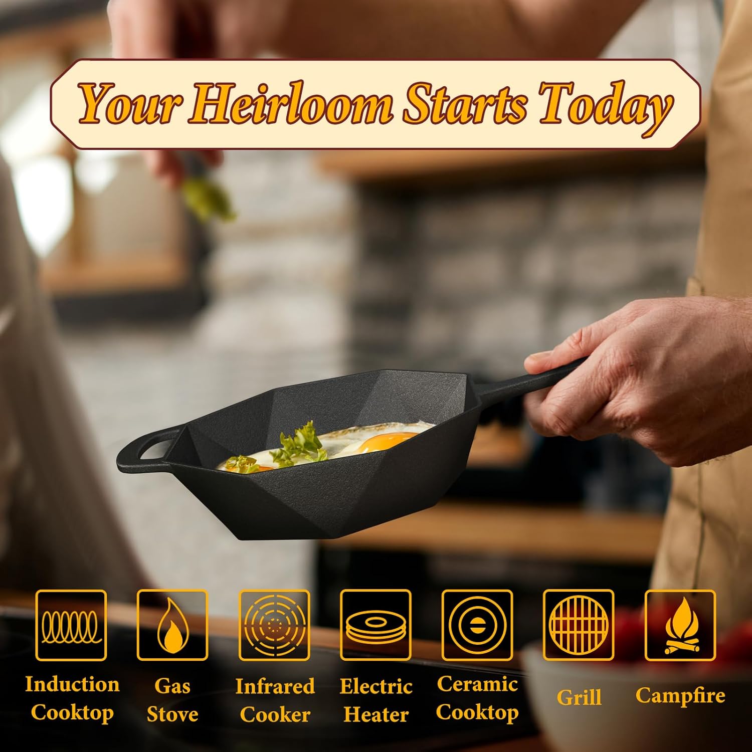 Cast Iron Skillet with Lid,Pre-seasone Mini Cast Iron Smoker Skillets & Egg Pan with Assist Handle, 6.5 Inch Octagonal Design Frying Pan for Searing, Baking, Grilling, Roasting (Skillet-1) - Image 2