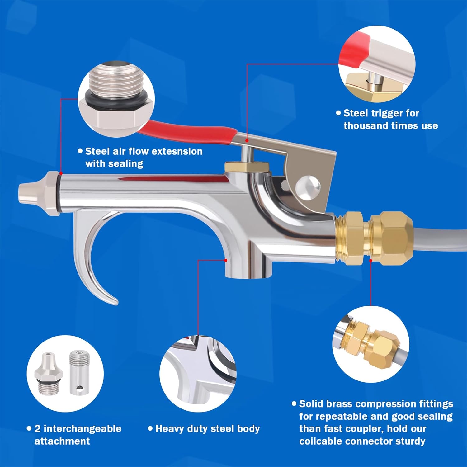 Heavy Duty Truck Air Seat Blow Gun Kit 1/4 Inch 11.5FT PA Nylon Coil Air Hose Brass Compression Fittings Connect Lever Air Duster Blow Gun Cleaning with 2 Nozzle Tips Gray