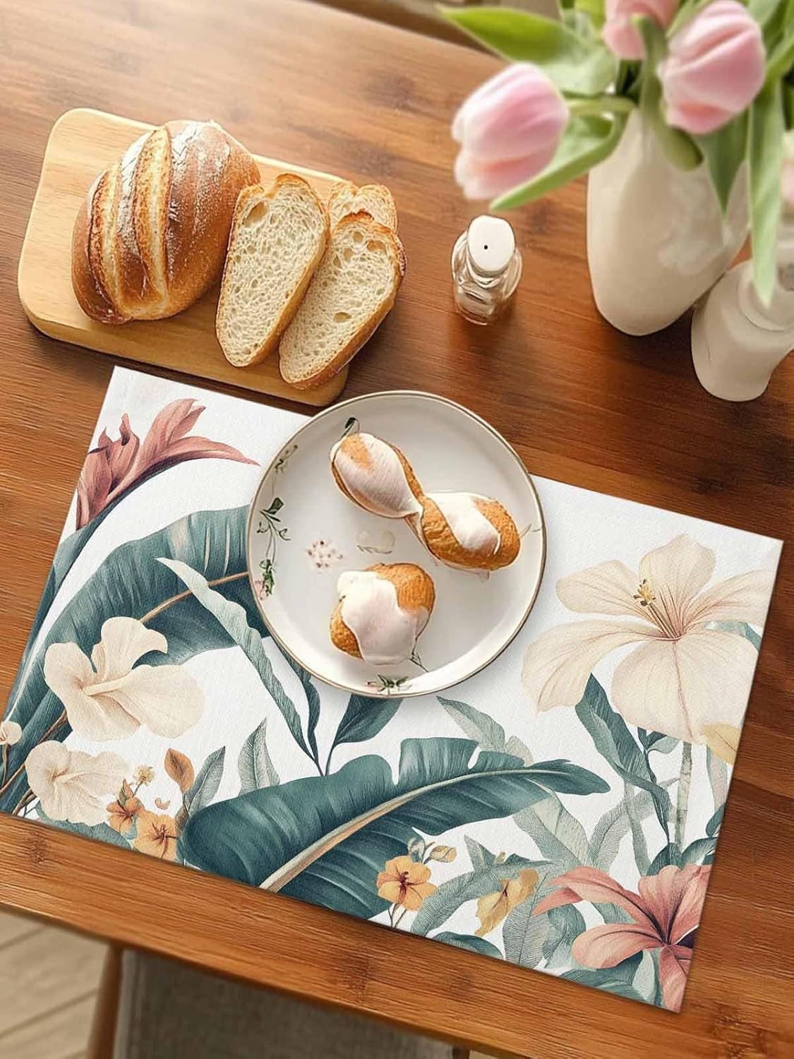 Tropical Leaves Floral Placemats for Dining Table Set of 8, Vintage Watercolor Flowers Linen Cloth for Square/Rectangle/Round Table Mat Placemat, Kitchen Dinner Holiday Décor