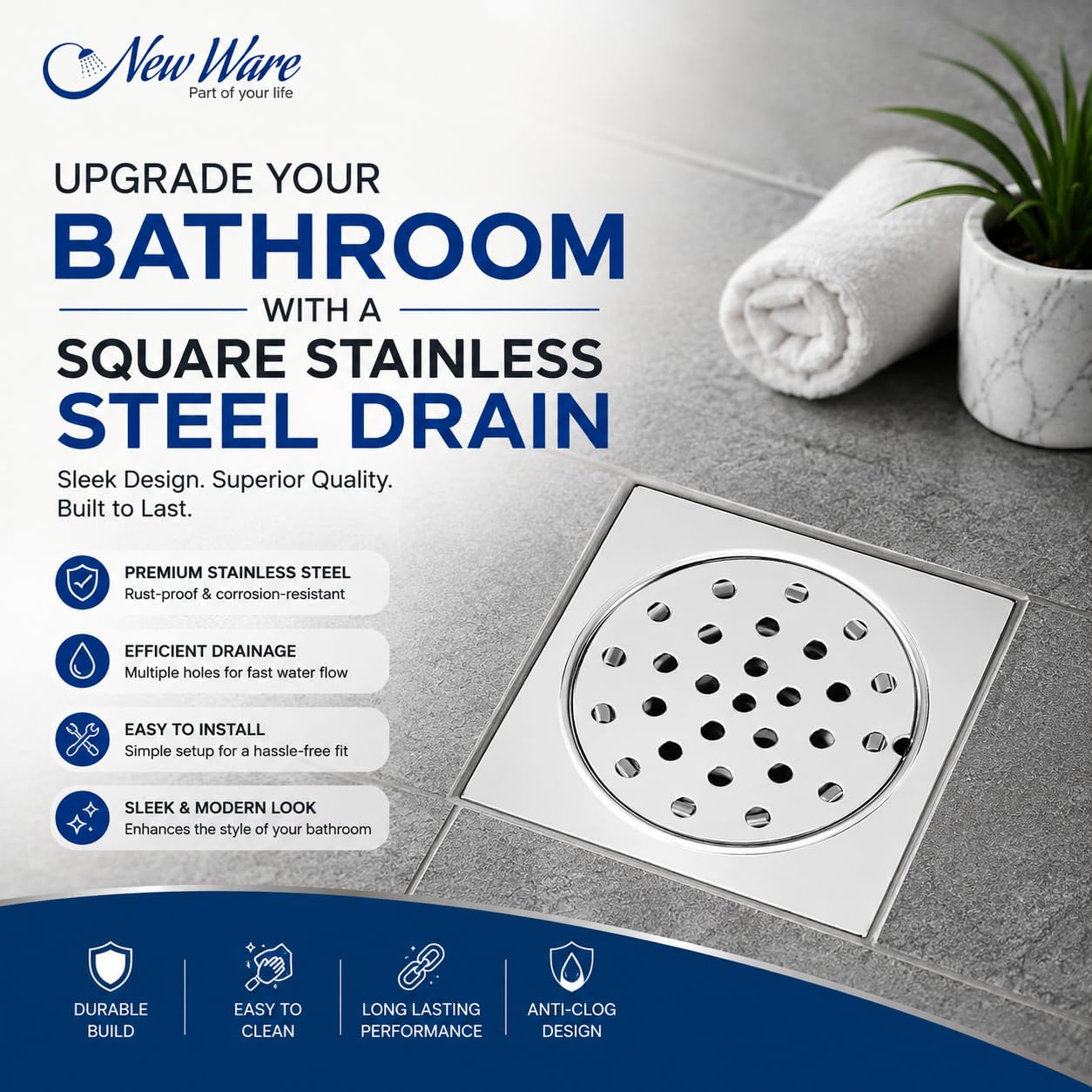 NEW WARE® Square 4x4 Inch Stainless Steel Bathroom Floor Drain Jali, Chrome Finish Anti Rust Heavy Duty Waste Water Grating, Shower Drain Cover, Kitchen Sink Strainer, Balcony Floor Trap Cover, Silver — Amazon image 7