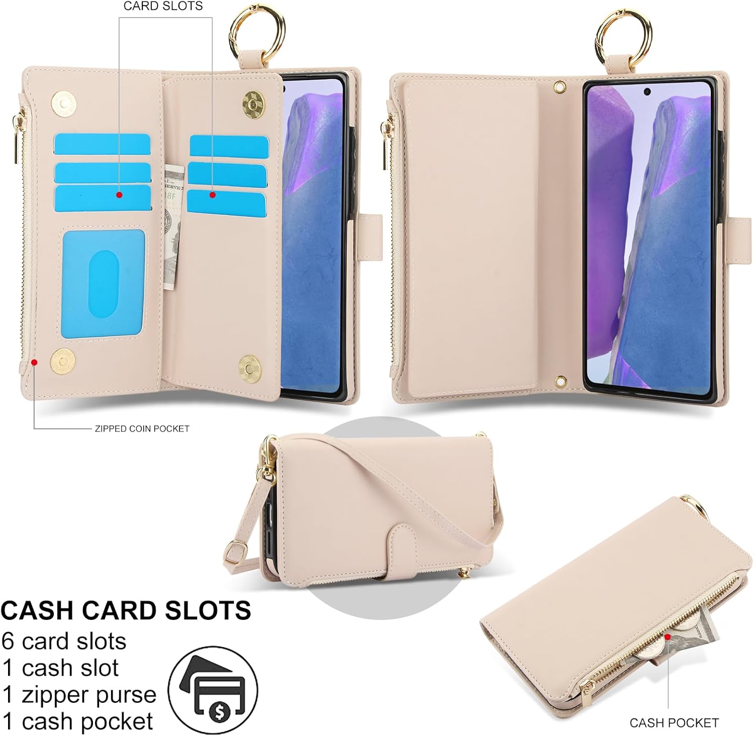 Asuwish Phone Case for Samsung Galaxy Note 20 5G Zipper Wallet with Tempered Glass Screen Protector Crossbody Strap Card Holder Flip Cell Cover Note20 Notes 20s Twenty Not S20 Women Girls Apricot