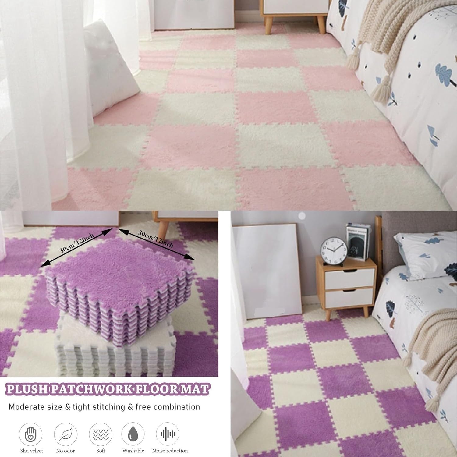 10pcs Cuttable Plush Foam Floor Tiles Rug, 30x30x1cm Thickned Puzzle Carpets Square Interlocking Floor Mats Carpet, for Bedroom Playroom(Apricot)