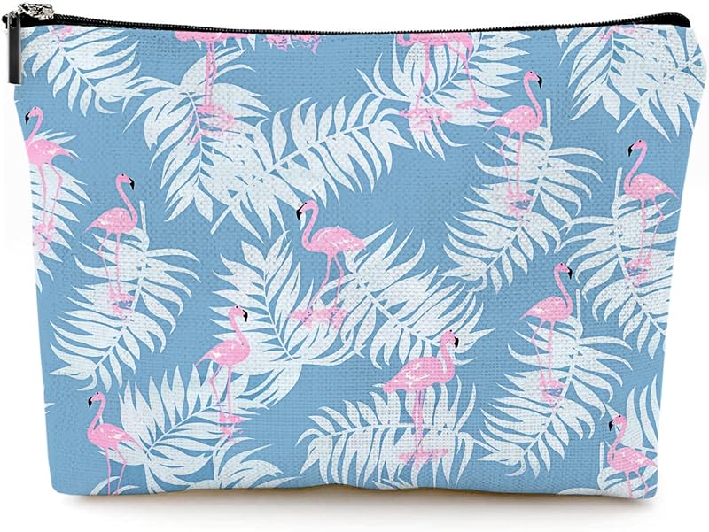 Necessaire de maquiagem Givotin em lona com zíper, estampa Flamingo azul