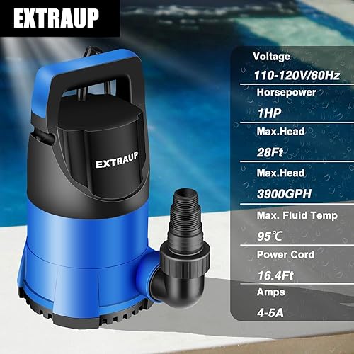 Miniatura 2 de Bomba de sumidero 1HP Bomba de agua sumergible limpiasucia, bomba eléctrica termoplástica portátil de 3900 GPH de baja succión para piscina, jardín,