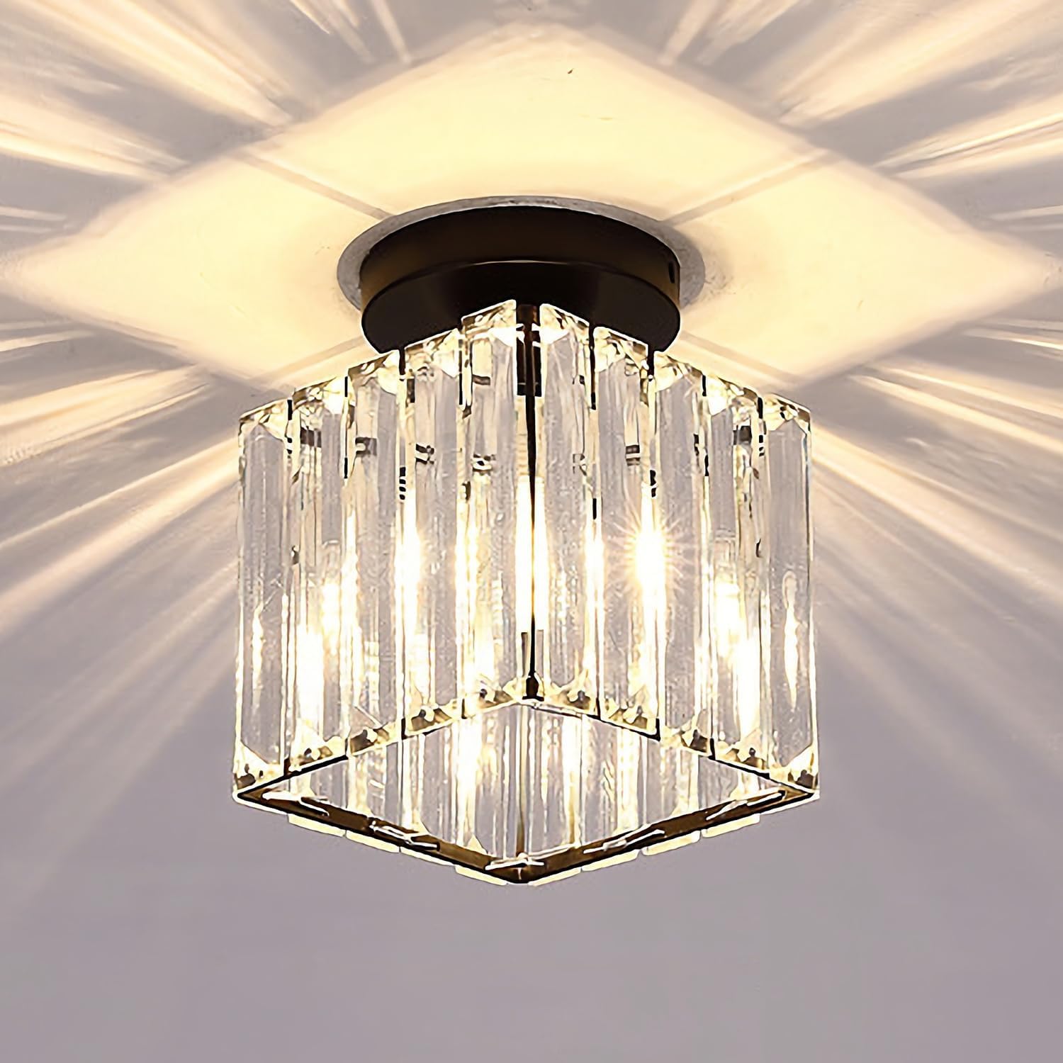 Black Small Chandelier Crystal Flush Mount Ceiling Light Modern Entryway Hallway Semi Flush Mount Ceiling Light Lamp Farmhouse Indoor Laundry Room Close to Ceiling Light