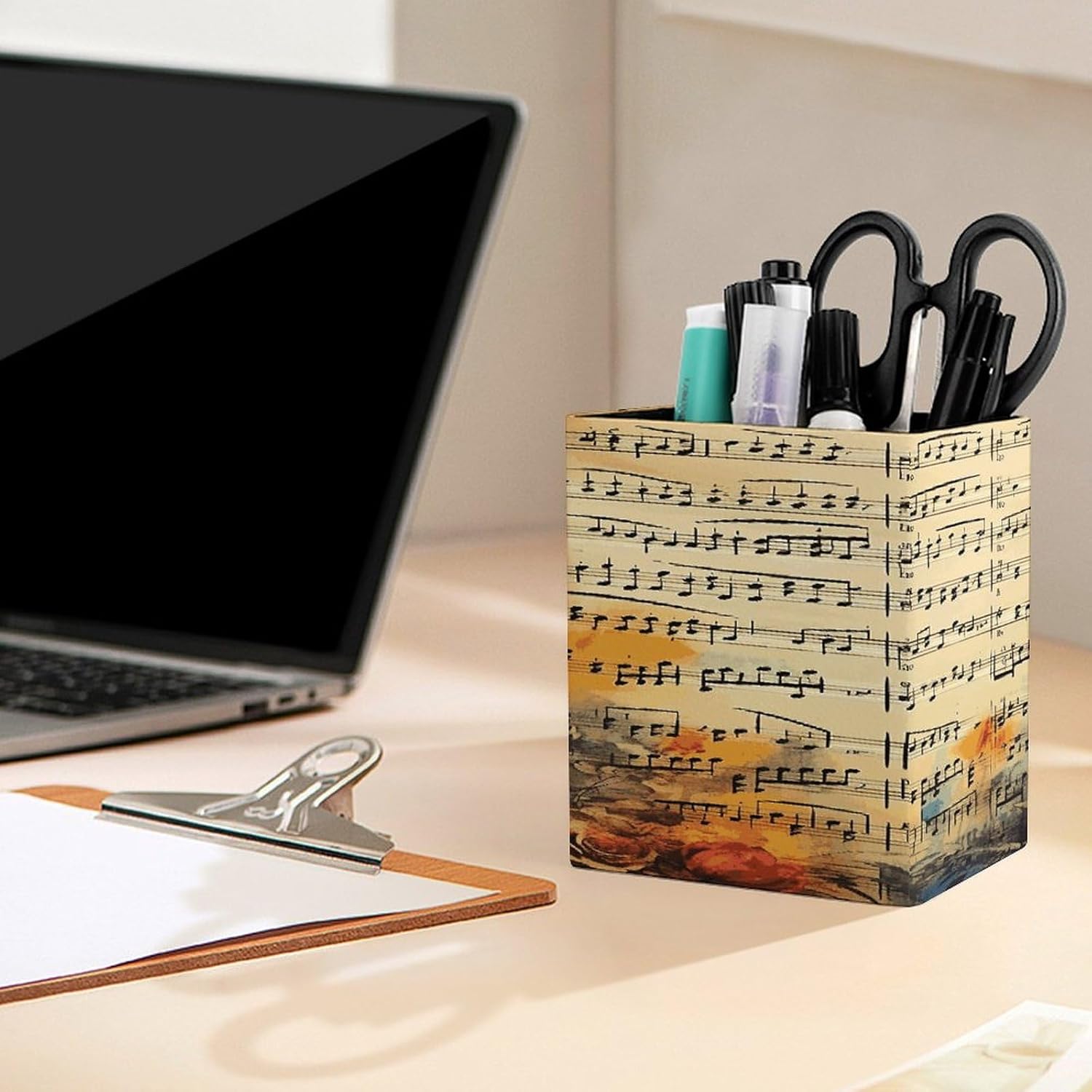 Vintage Music Note Pen Holder for Desk Minimalist Leather Pencil Holder Fashion Modern Pencil Cup Decorative Square Pen Cup Locker Organizer for Office Work Locker Accessories image 5
