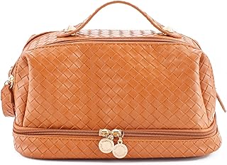 Travel Cosmetic Bag - Large Capacity Makeup Bag - Portable PU Leather Waterproof Cosmetic Bag - Women Travel Makeup Bag Organizer With Handle and Divider Flat Lay Travel Cosmetic Bag (Brown)