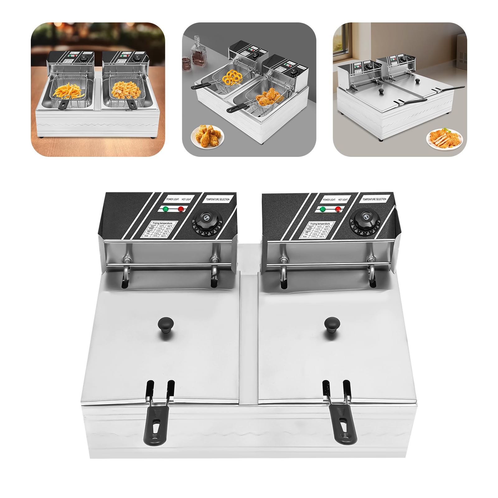 Freidora doble, freidora eléctrica de 12L, acero inoxidable Gastro doble Freidora (6 L+6L) Freír eléctrico comercial Alitas de pollo, patatas fritas, trozos de pescado, 60-200 ℃