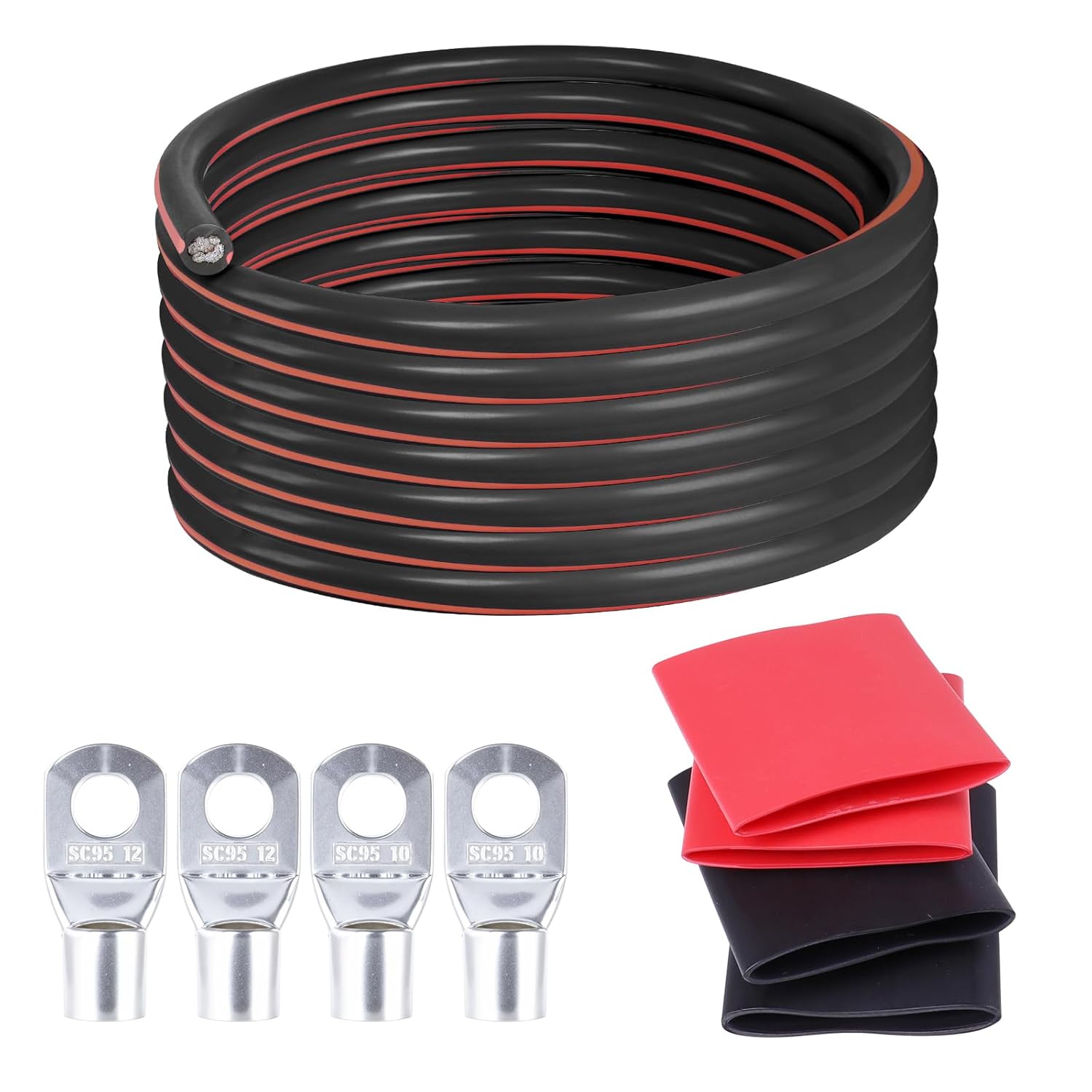 1/0 Gauge Car Battery Cable - Black 12 Feet with M10, M12 SC Lugs- Truck, Trailer, RV, Solar Inverter Power Cables - Flexible PVC & Copper Clad Aluminum Wire