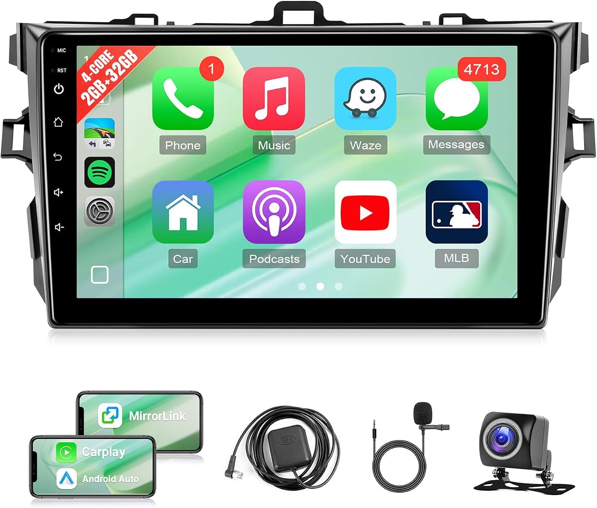 Car Radio for Toyota Corolla 2008 2009 2010 2011 2012(Fit JBL.) | Stereo Wireless CarPlay/Android Auto, 9 inch GPS Navigation Bluetooth WiFi Rear Camera FM Mirrorlink Split Screen SWC