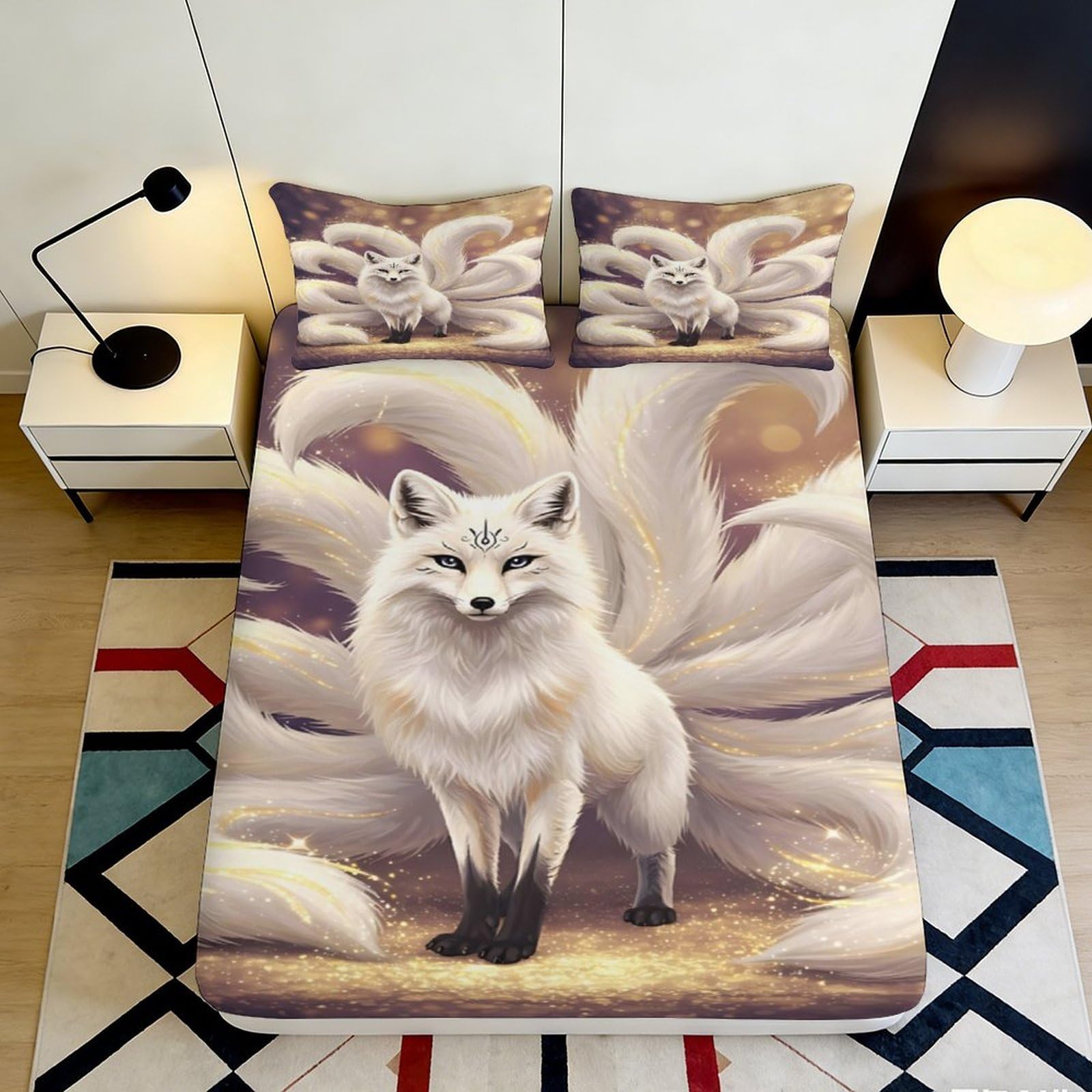 3D Printed Nine-Tailed Fox Fitted Sheet Microfiber Deep Pocket Non-Slip Bedroom Bedding Nine-Tailed Fox Mattress Fitted Cover Washable for All Ages 140x200x25cm