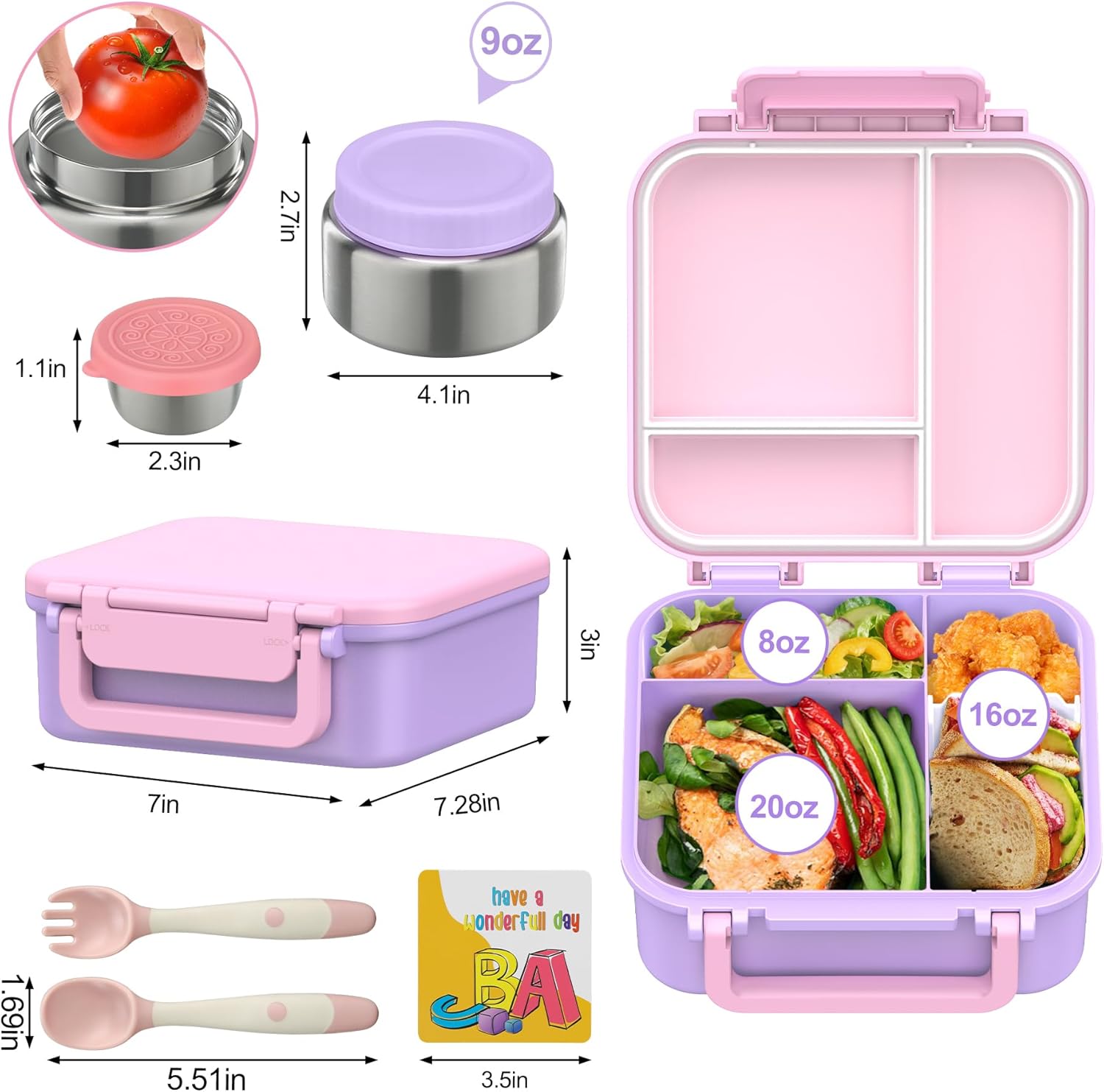 Kids Bento Lunch Box with 9oz Soup Thermo Leakproof Lunch Food Containers 4 Compartment with Insulated Hot Food Jar for Kid Toddler Girls Boys to School Trvael - Image 3