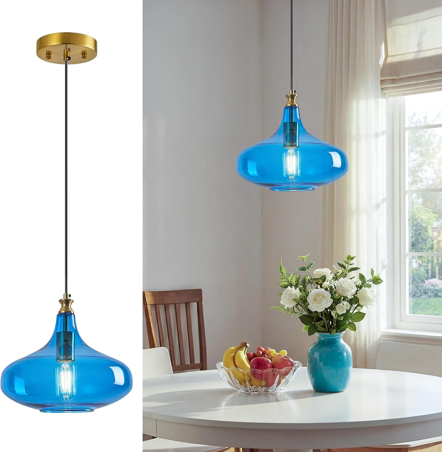 Modern Glass Pendant Light 10.63 in Blue Glass Shade Gold Farmhouse Island Pendant Lights for Kitchen Pendant Lighting Over Sink Bedroom Dining Room