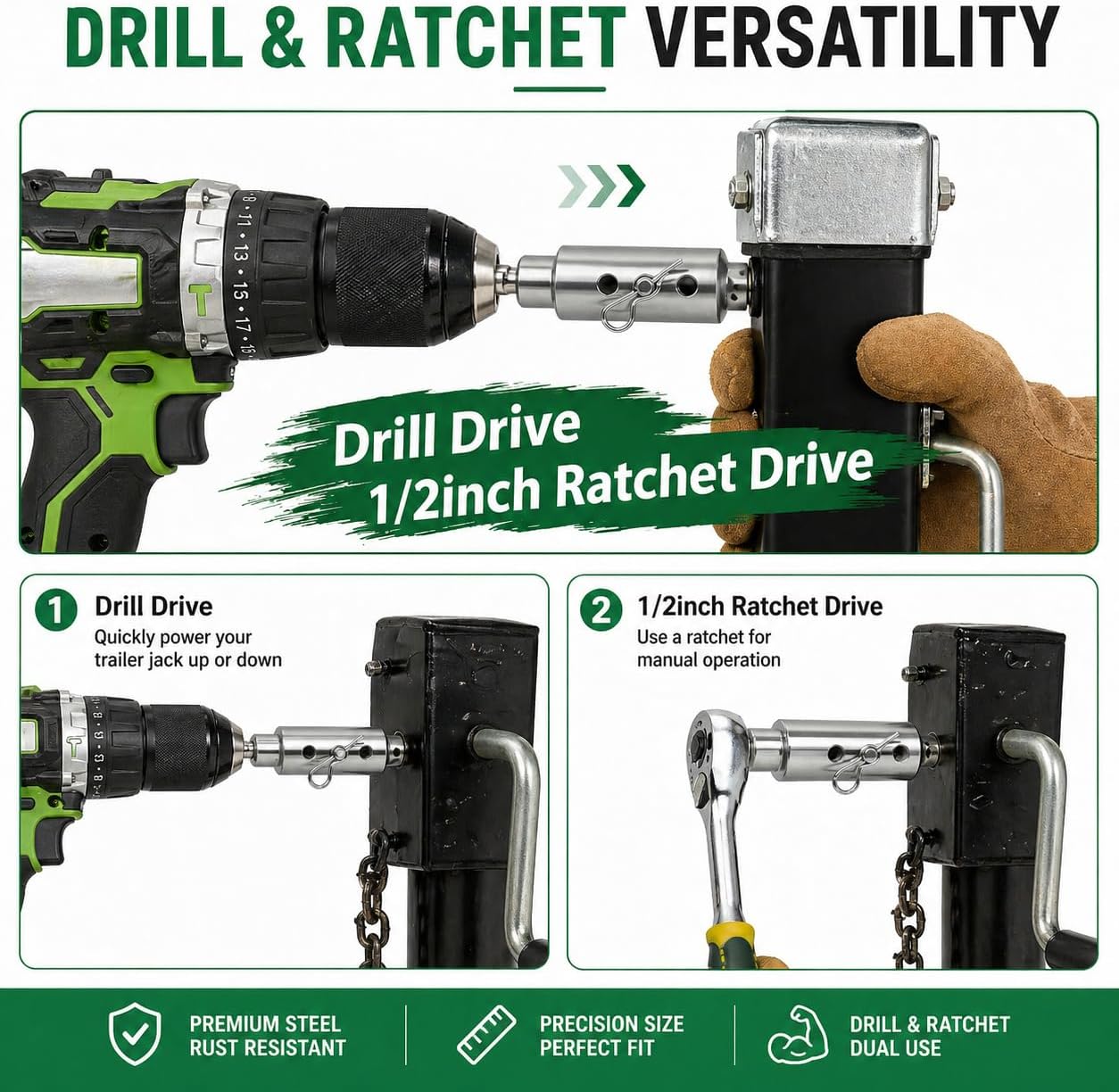 Trailer Jack Drill Adapter Heavy Duty Stainless Steel for 1 Inch Jack Drive Shaft Compatible with RV Dump Trailer and Camper