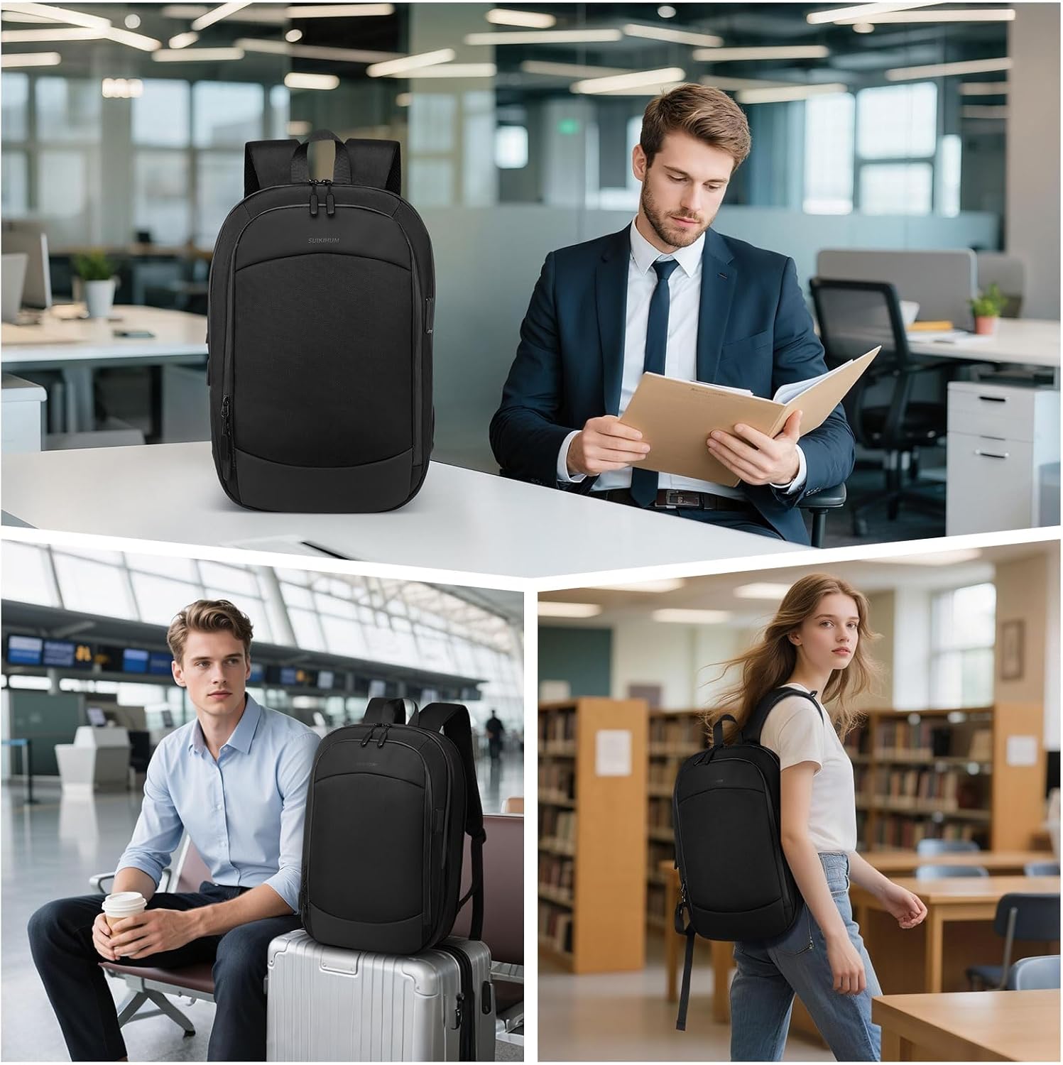 Slim Laptop Backpack for Men Women, 15.6" Expandable Business Travel Bag with Shock-Absorbing Laptop Protection & Water-Resistant Zippers, Black