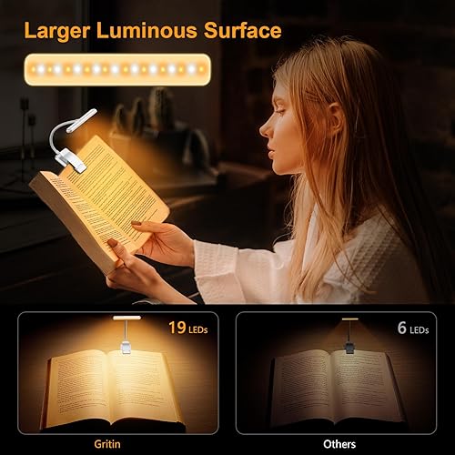 Miniatura 5 de Gritin Luz de libro recargable de 19 LED para leer en la cama con función de memoria, cuidado de los ojos, 3 temperaturas de color, brillo de