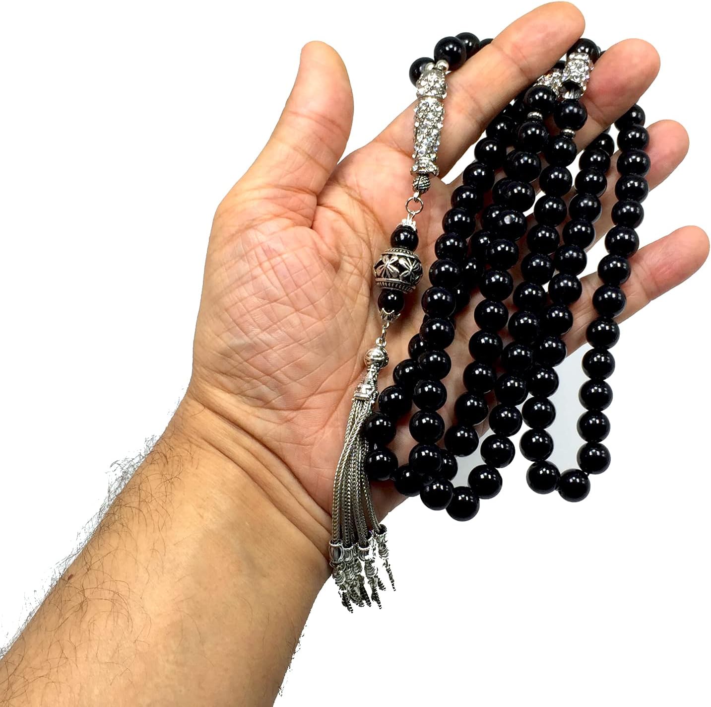 Special Prayer Beads Series -99 beads- Tesbih Tasbih Tasbeeh Misbaha Masbaha Subha Sebha Sibha (Black Glass -10 mm 99 Big Beads- & Zircon Stone Design)