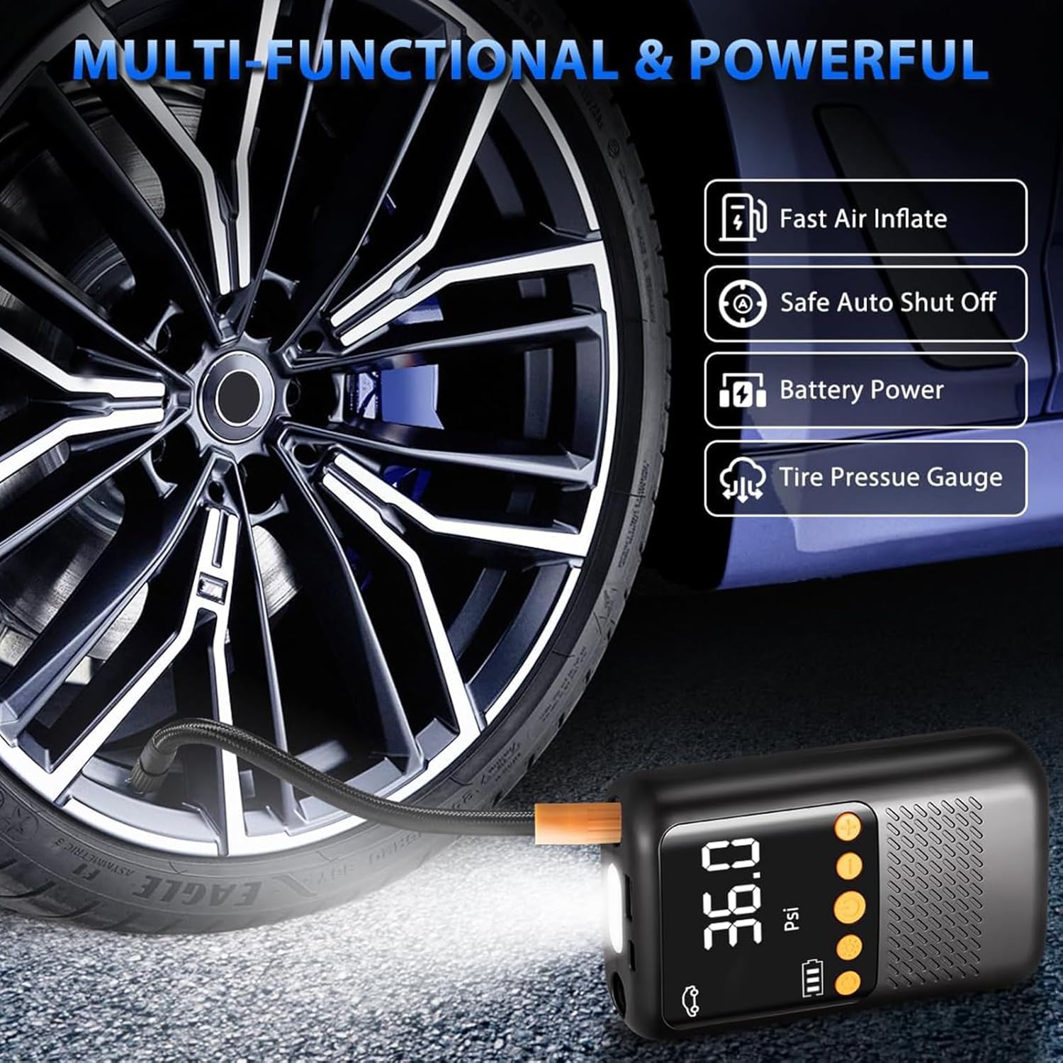 ポータブルエアコンプレッサー電気自動車自動車モーターサイクレスティアインフレータデジタル圧力ゲージ検出LEDランプ付きエアコンプレッ