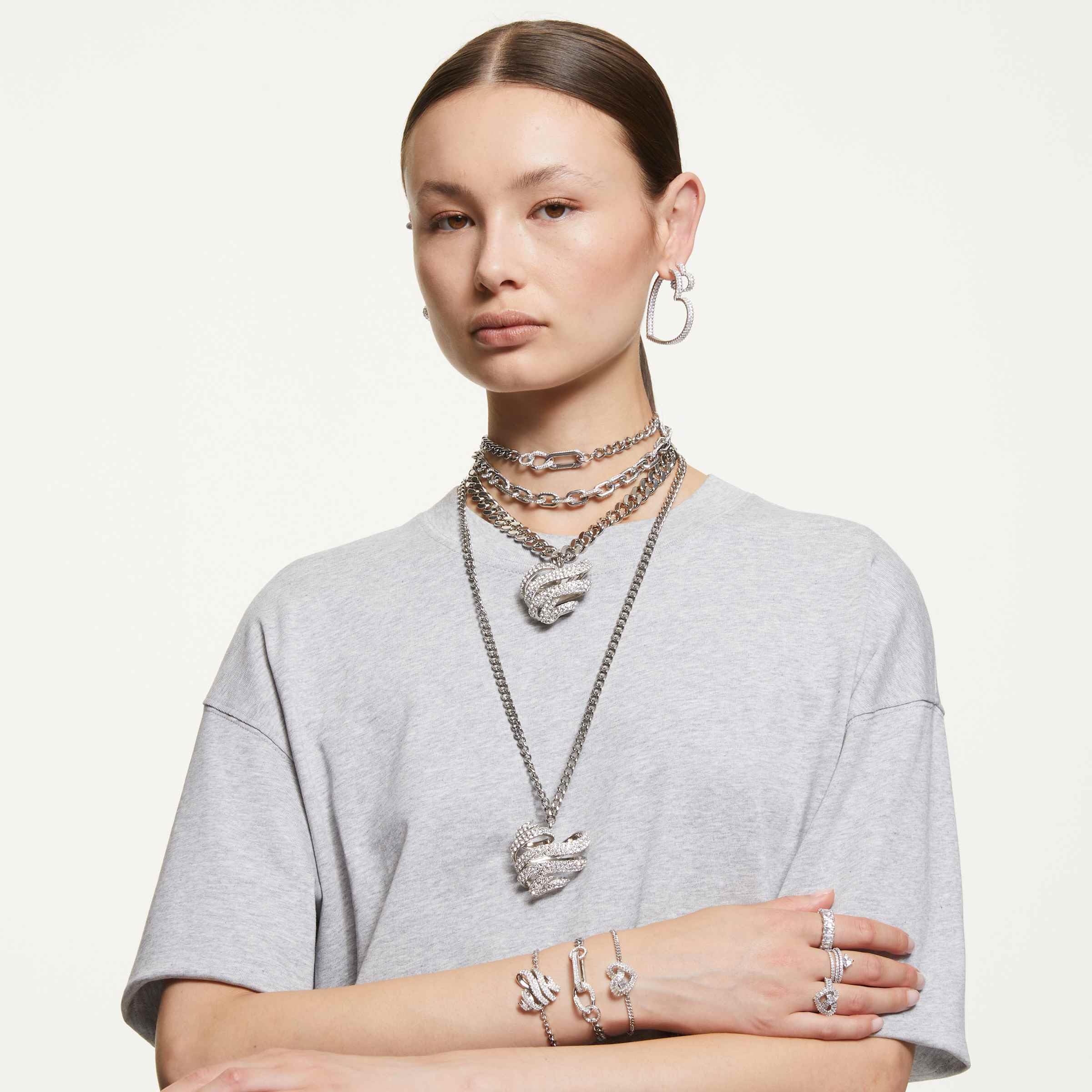 Swarovski Matrix Kolekcja pierścionek, mieszane szlify, serce, biały, pokryty rodem