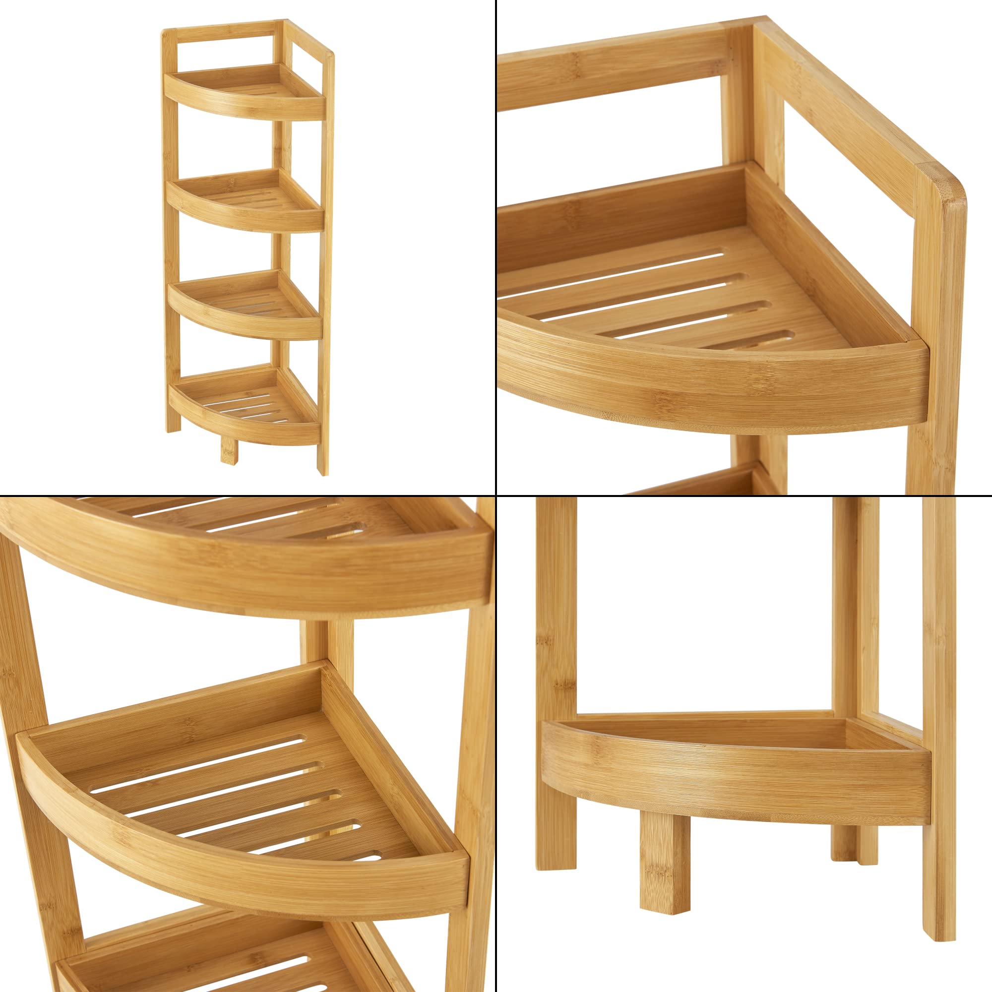 [en.casa] Scaffale Angolare in Bambù 80x23x23 cm Mobiletto Basso 4 Ripiani con Bordi Laterali Rialzati, Portaoggetti da Bagno Cucina e Angoli della Casa