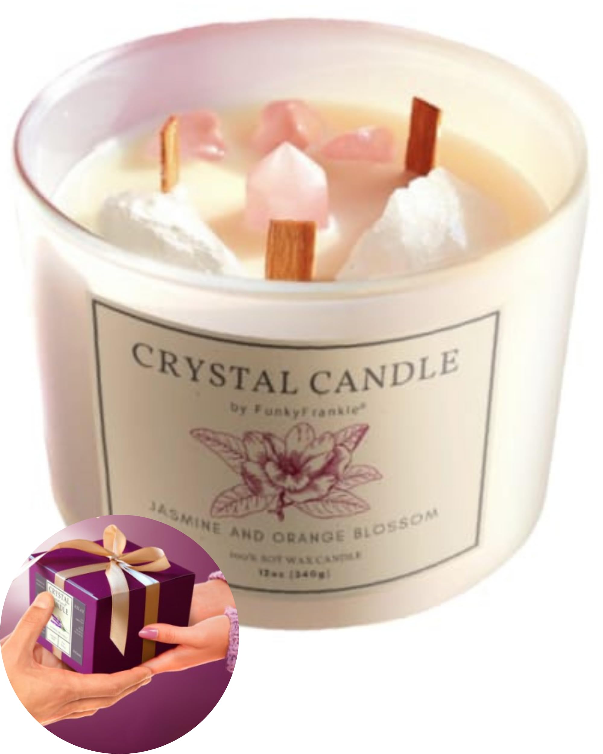 4 Healing Crystal Candle, Self Love - Rose Quartz 12 oz Manifestation with Crystals Inside for Aries | Zodiac Candle | Jasmine Neroli Soothing Scent l Gifts for Women