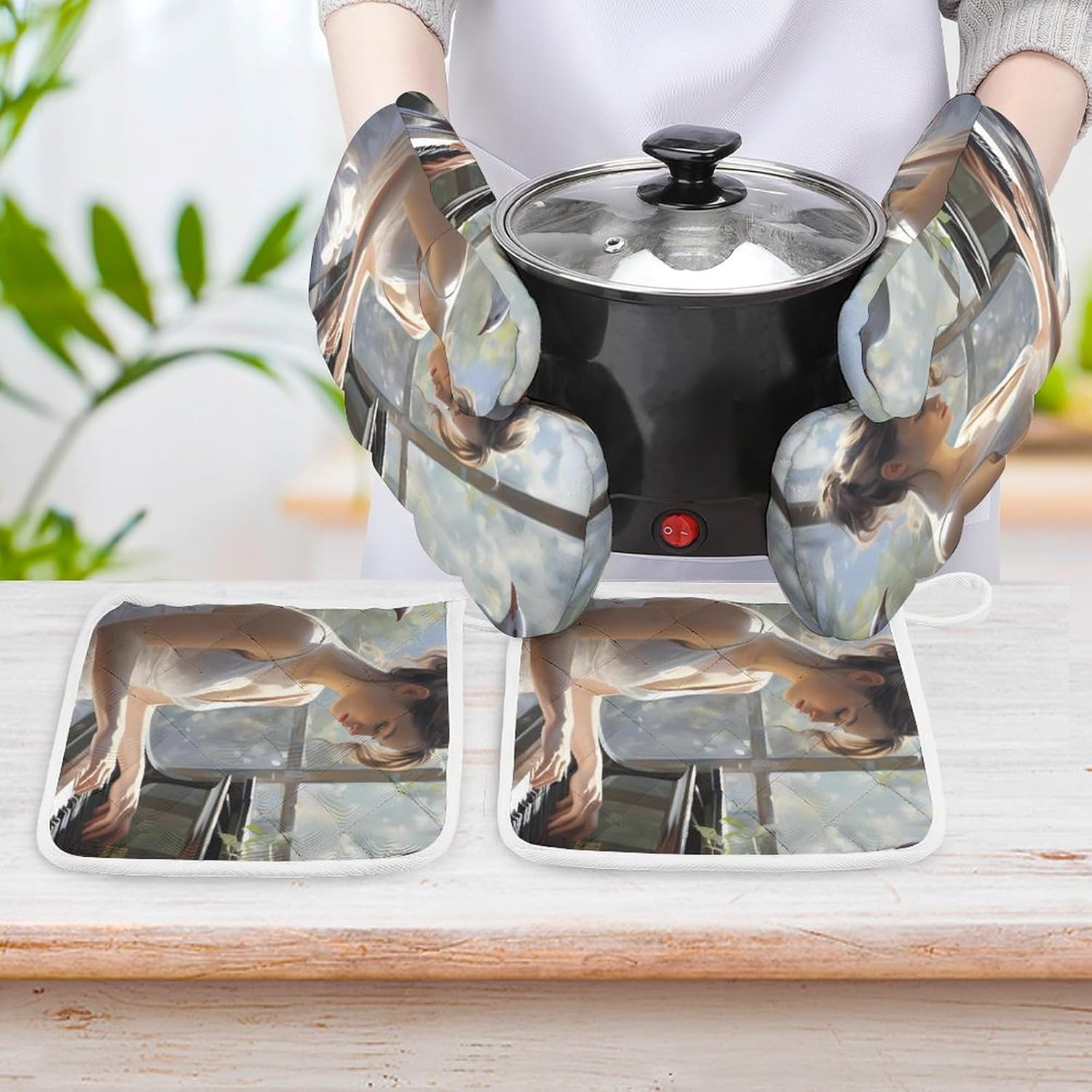 White Dove Women Playing Piano 4 Pcs Oven Mitts and Pot Holders Set High Heat Resistant Long Kitchen Oven Glove Potholders