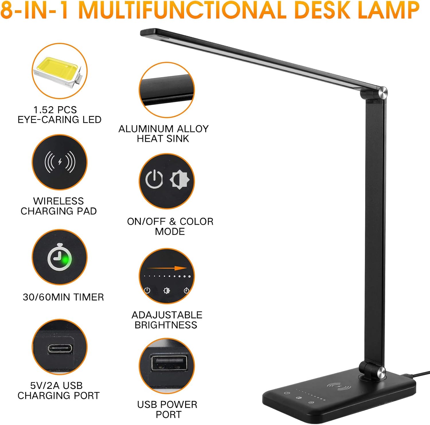 LED Desk Lamp with Wireless Charger, USB Charging Port, Modern Eye-Caring Desk Lamps for Home Office, 5 Lighting Modes and 10 Brightness Levels, Bright Table Light with Touch Control, 30/60 Mins Timer - - 