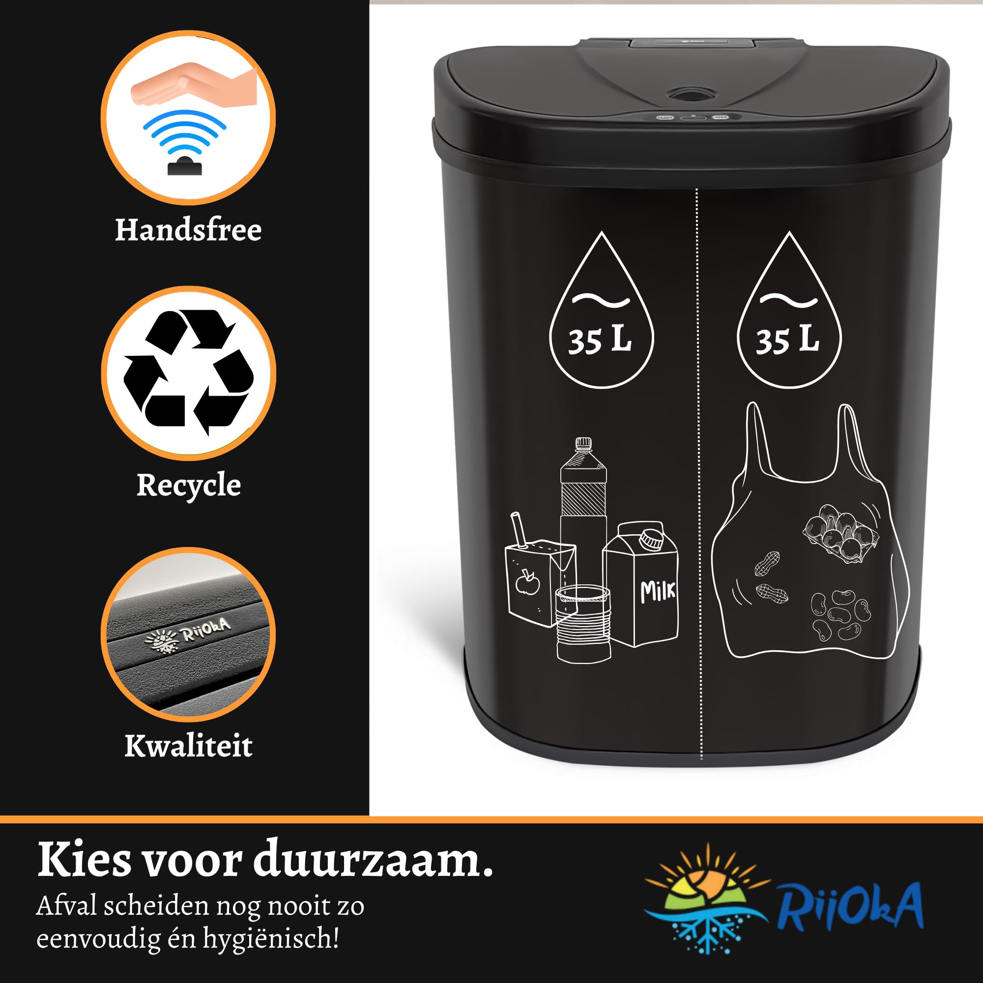 Papelera con Sensor Doble – 70 Litros – 2x35Litro – Acero inoxidable – Cierre suave – Sin huellas dactilares – Diseño Moderno – Negro