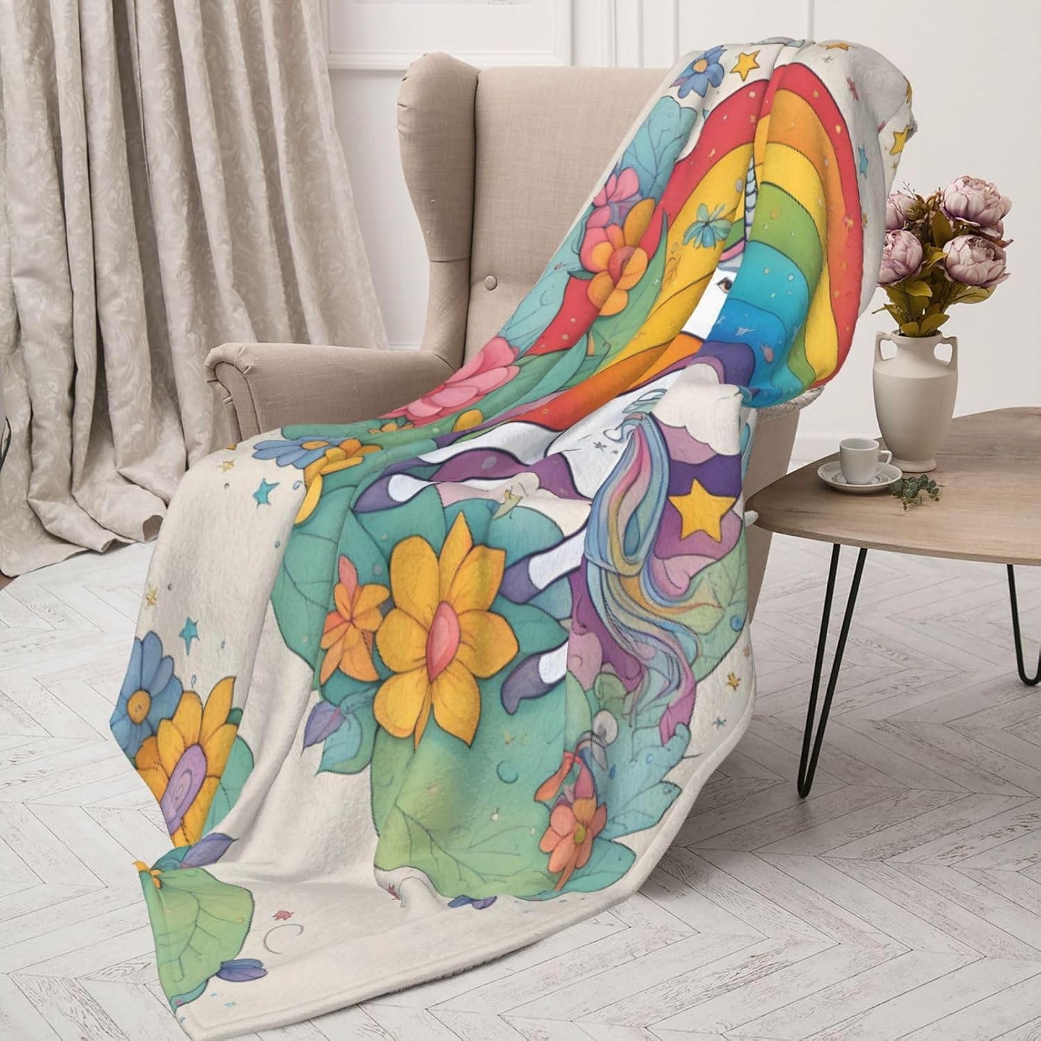 Decorative Children's Blanket (50 * 40 inches), Cartoon Unicorns Flannel Gift Blanket, Sofa Bed Living Room Camping Travel Blanket,