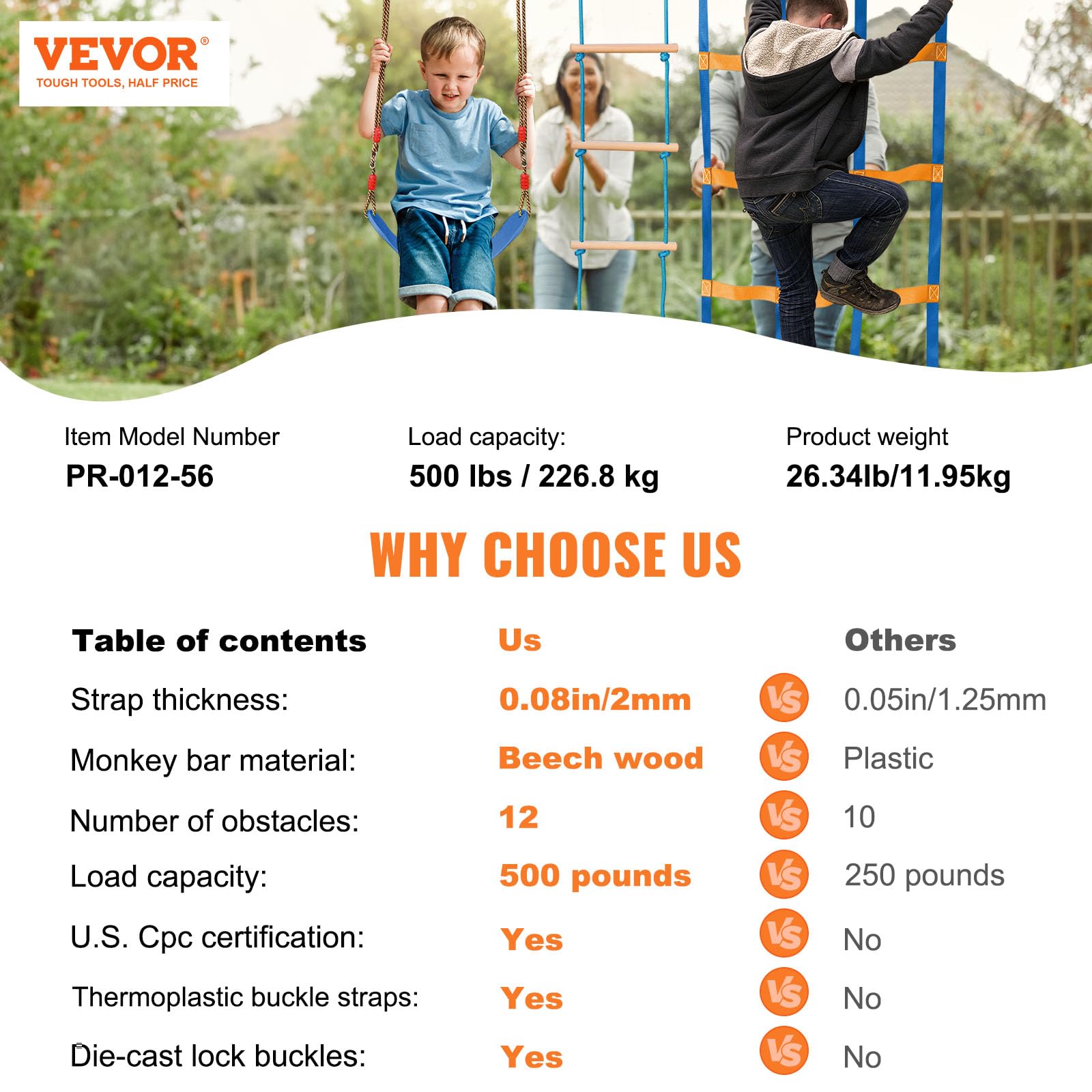 VEVOR Ninja Slackline Hindernisse Set 2 x 17 m Slacklines, 226,8 kg Tragkraft Ninja Hinderniskurs, Outdoor-Spielset-Ausrüstung, Hinterhofspielzeug-Trainingsausrüstungsset mit 12 Hindernissen