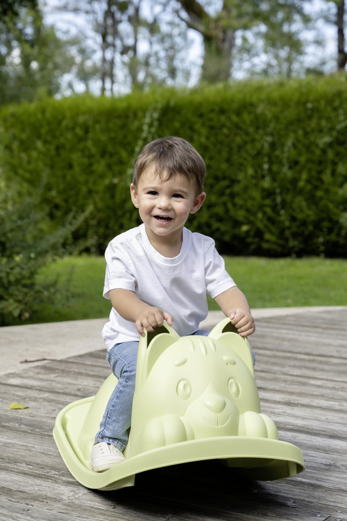 Smoby Life Balancín Gato Verde - Asiento Ergonómico, Orejas para Agarre, Anti-UV, Plástico Reciclado – Juego infantil aire libre,+ 18 Meses (7600830108)