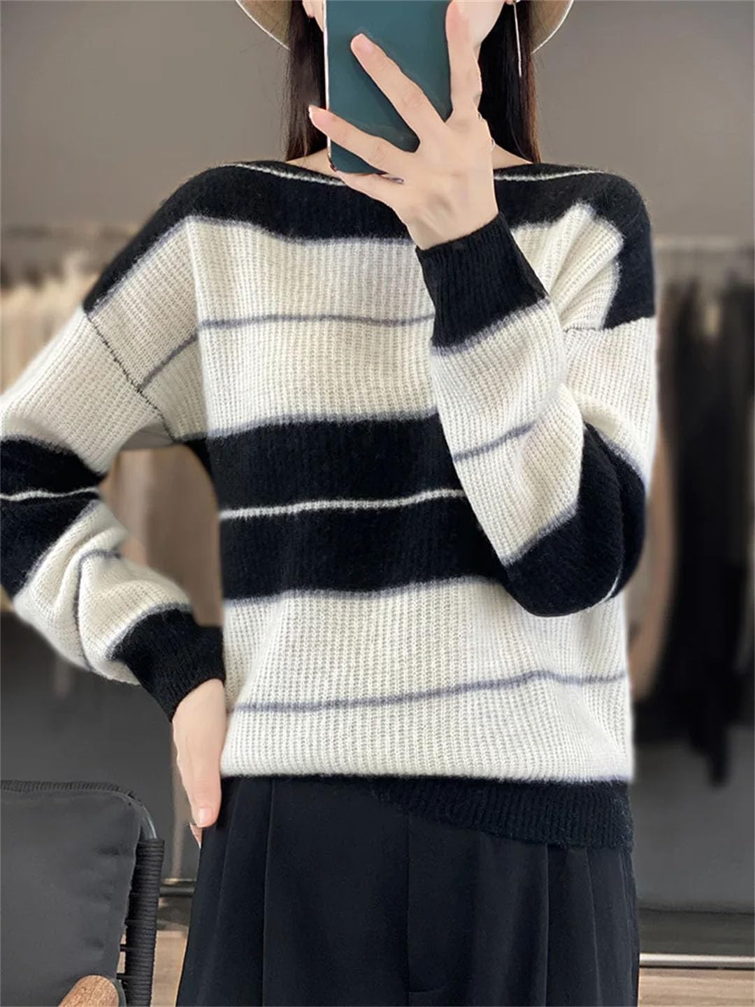 Vogrtcc Damski sweter z długim rękawem oversize sweter wełniany w paski na co dzień kaszmirowa dzianina