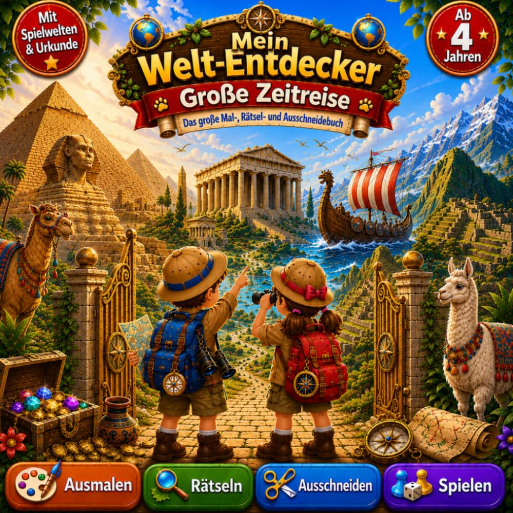 Mein Welt-Entdecker – Große Zeitreise: Das große Mal-, Rätsel- und Ausschneidebuch ab 4 Jahren | Ägypten, Griechenland, Wikinger & Inka spielerisch entdecken